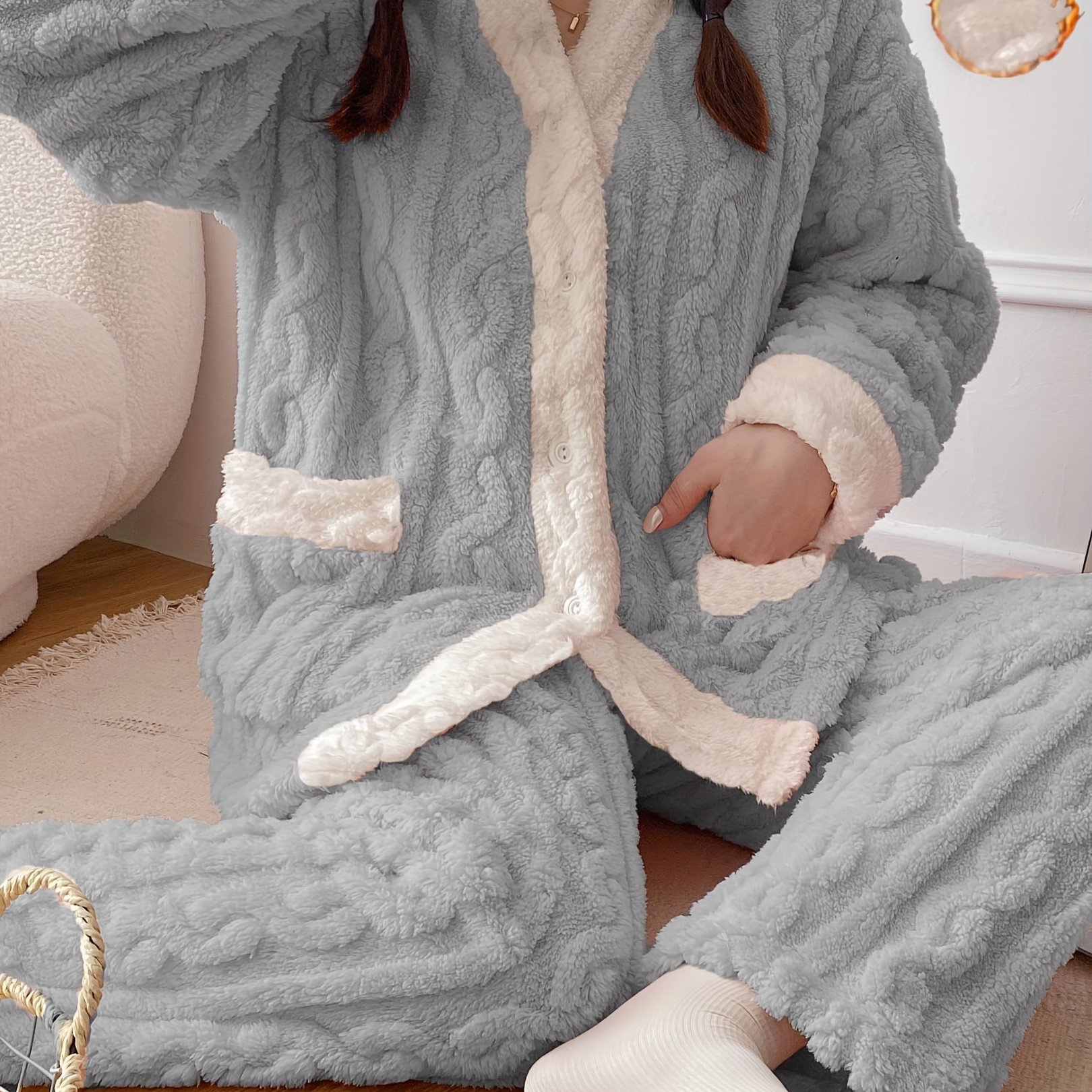 TEMU Winter Warm Open-chest V-neck Fleece Pajama Set, Women's Cute And Sweet Casual Loungewear Outfit