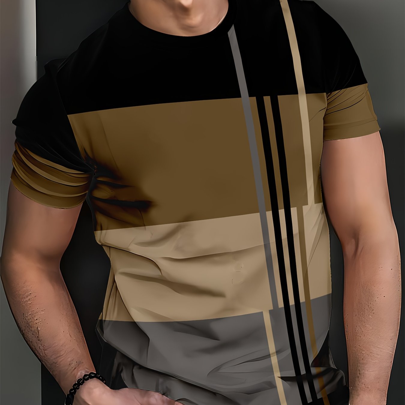 TEMU Men's Striped - Casual Polyester Crew Neck Tee, Machine Washable