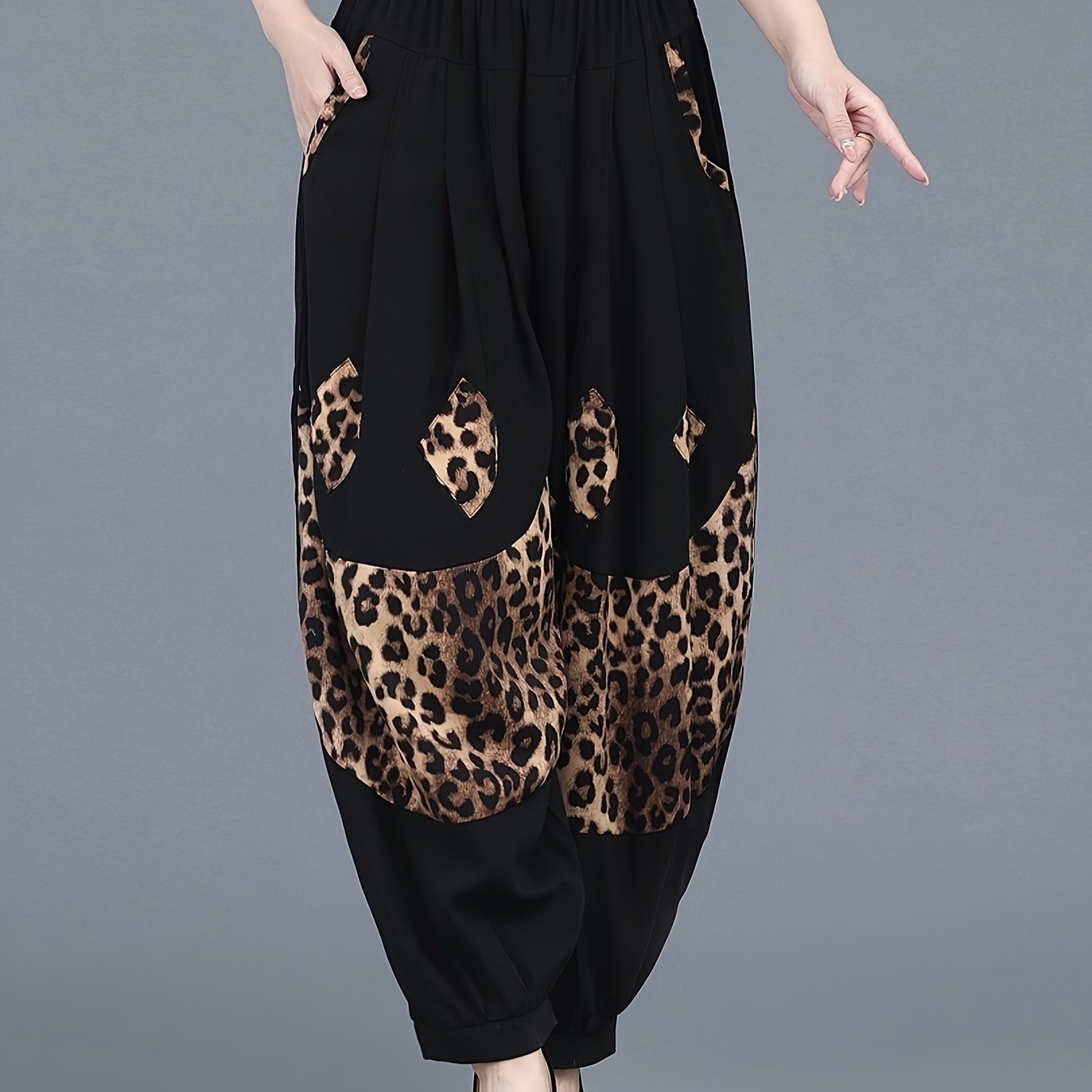 TEMU Elegant Leopard Print Harem Pants - Vintage , Loose Fit Casual Trousers With Waistband, Machine Washable Polyester, Summer, Plus Size Pants