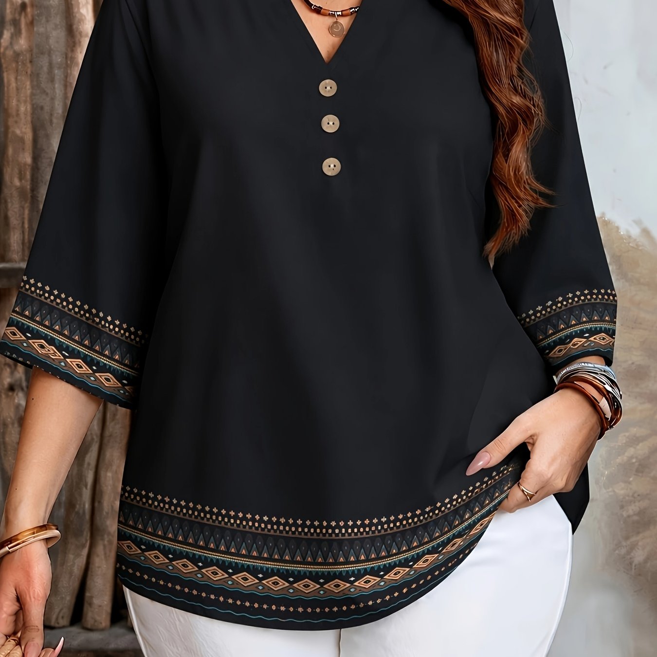 TEMU Women's Ethnic Style Printed Three-quarter Sleeve Top With V-neck, Wooden Buttons, Loose Fit, Belly-covering Black Chiffon Blouse. Vintage