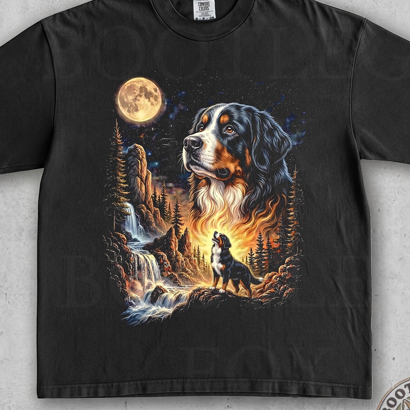 Image of Bernese Retro Moon Dog Portrait Oversized Present Vintage Canine Tee Classic Wildlife Photo Print Outdoor Adventure Style Camping Hiking Gear Gift For Men Men's Round Neck 180g T-shirt