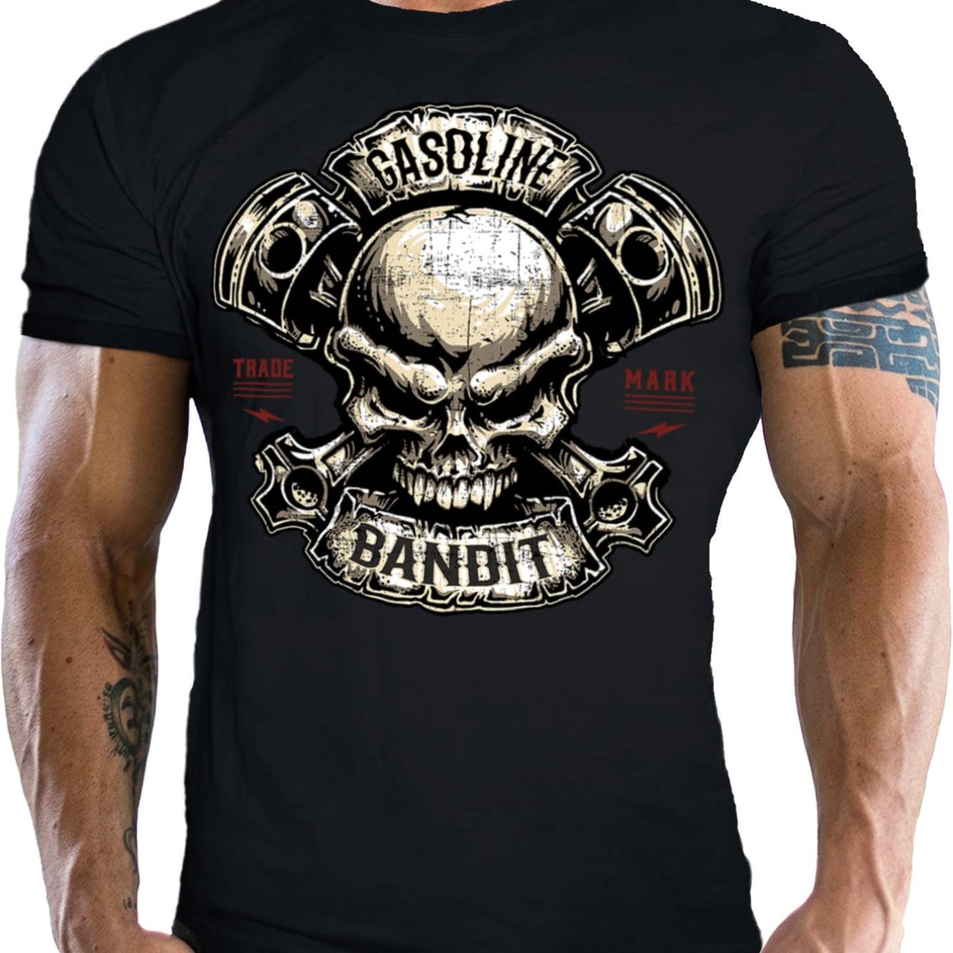 Image of Gasoline Biker Racer Men's T-shirt For - Piston Skull Cotton Printed Shirts