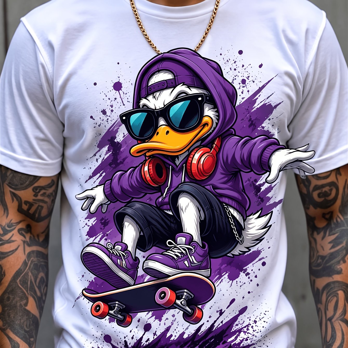 TEMU Men's & Women's Colorful Duck In Orange Hoodie & Fashion Glasses T-shirt - Funny Streetwear Graphic Tee Suitable For , , Casual Round Neck Top,