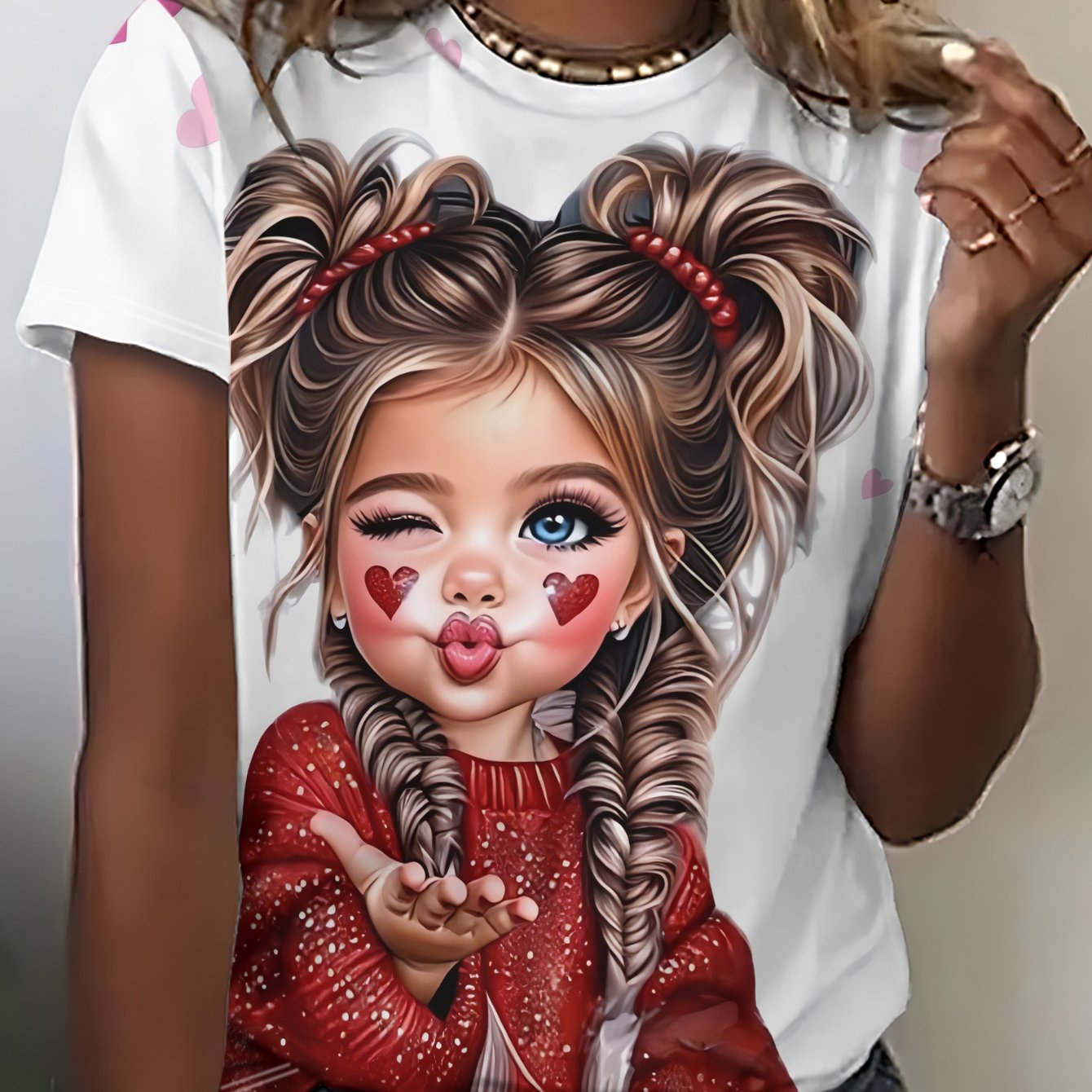 TEMU T-shirt da donna a maniche corte, con stampa di una persona in abiti rossi con due , motivo a cuore sulla guancia, imbronciate che mandano un ,