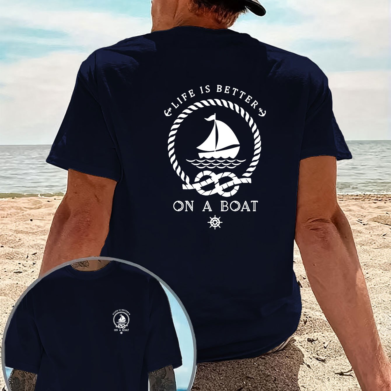 TEMU 1pc Creative Pattern Designed Men's Casual T-shirt, Live Better On A Boat Sailboat Print Double-faced Short Sleeve, Nautical , Easy And Fresh,