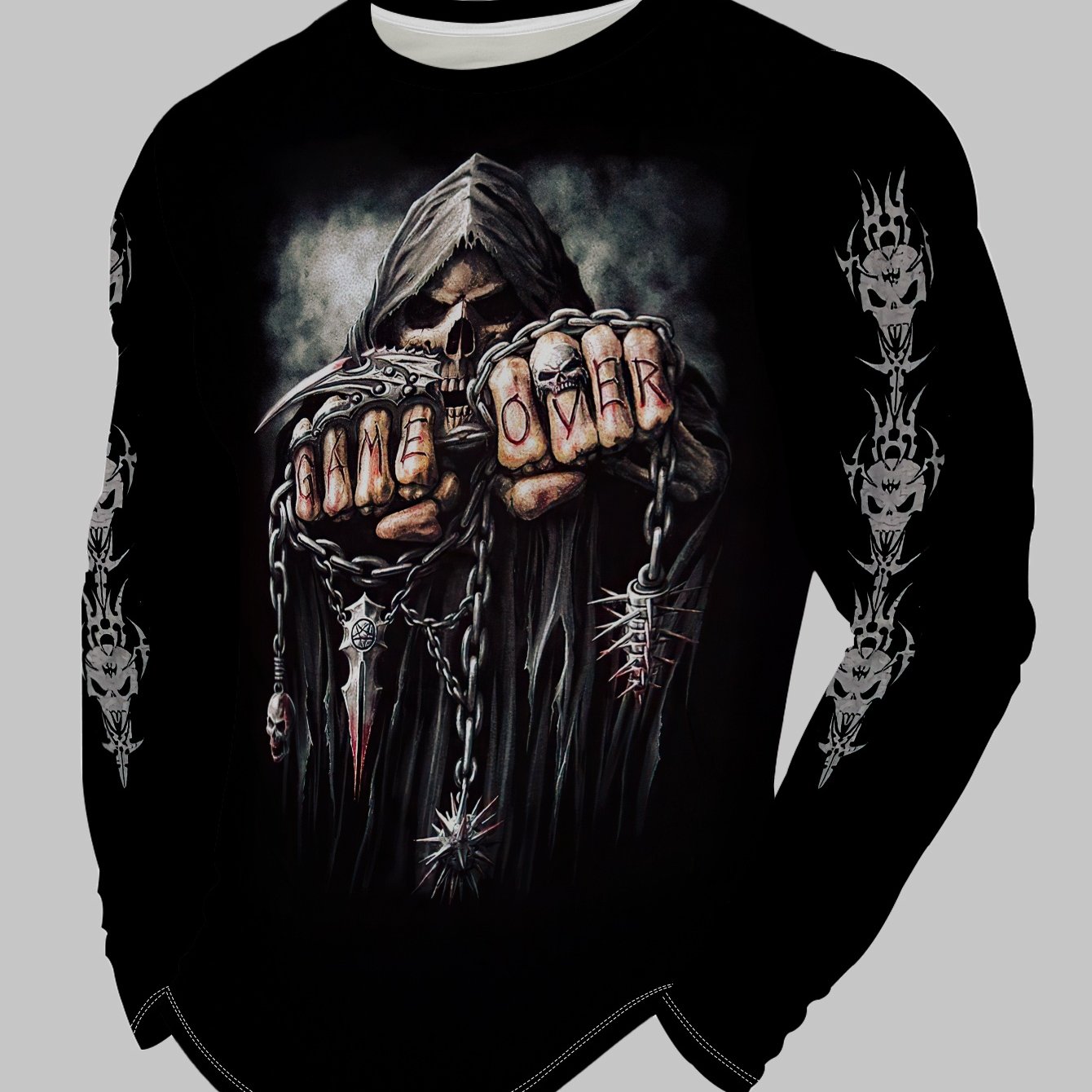 TEMU Men's Trendy Reaper Print Crew Neck Long Sleeve T-shirt, Stylish Skull Chain Pattern Casual Top