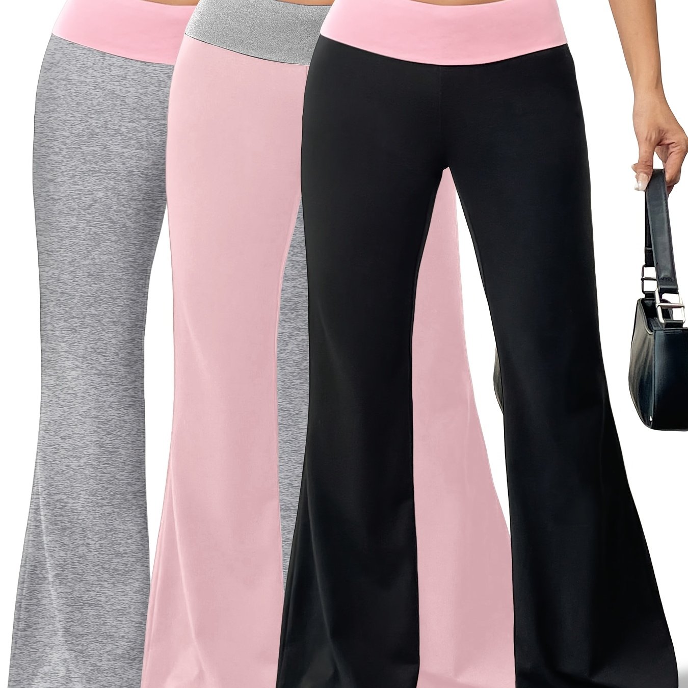 Image of [value 3-pack] Women's Fall/winter Color Block Fold-over Waist Flared Pants, High Stretch Lifting Pants, Casual Elastic Trousers For Lounge &