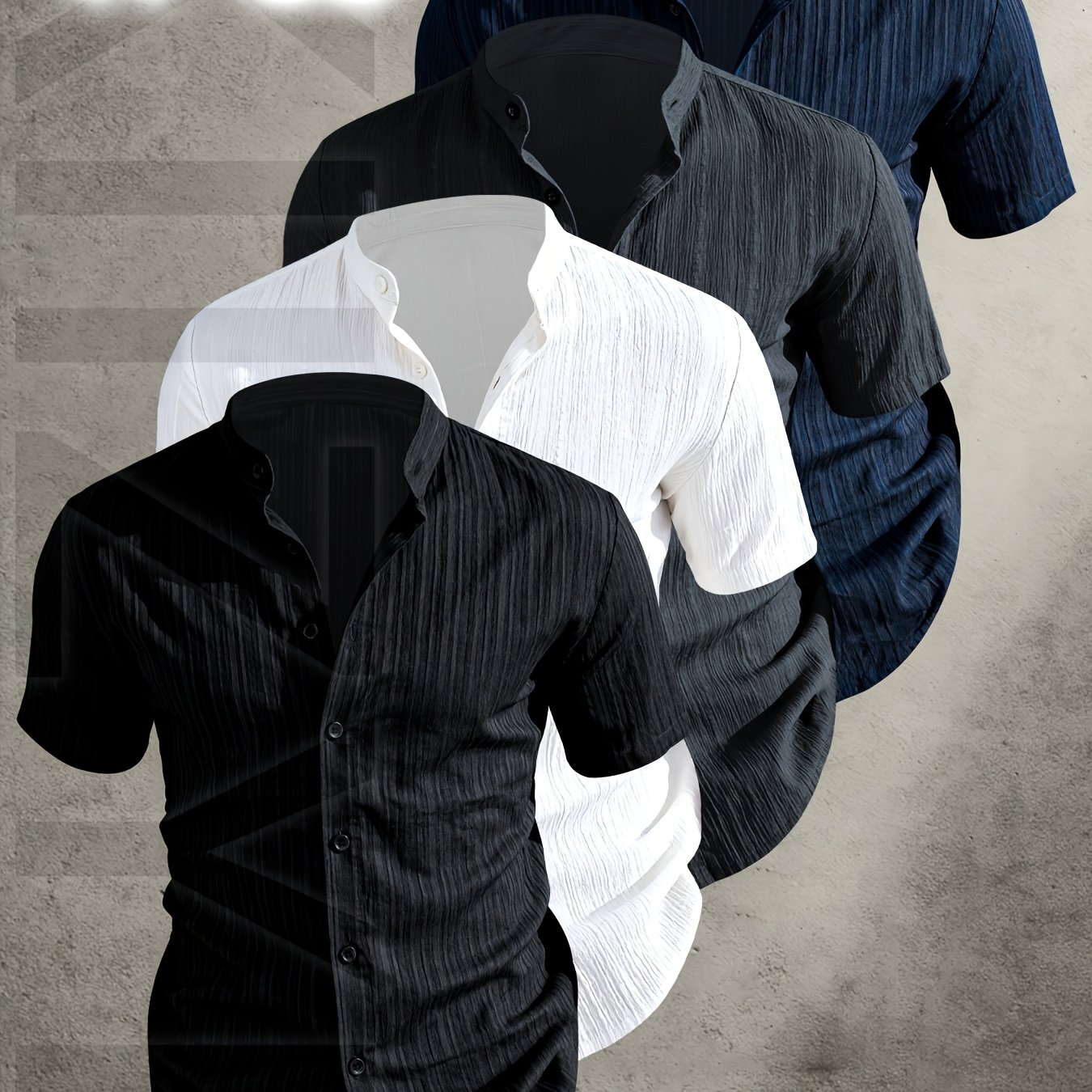 TEMU 4pcs Set ['s Obm] Men's Lightweight Breathable Short Sleeve Button-up Shirt - Solid Color Stand Collar Beach Shirt, Machine Washable Casual
