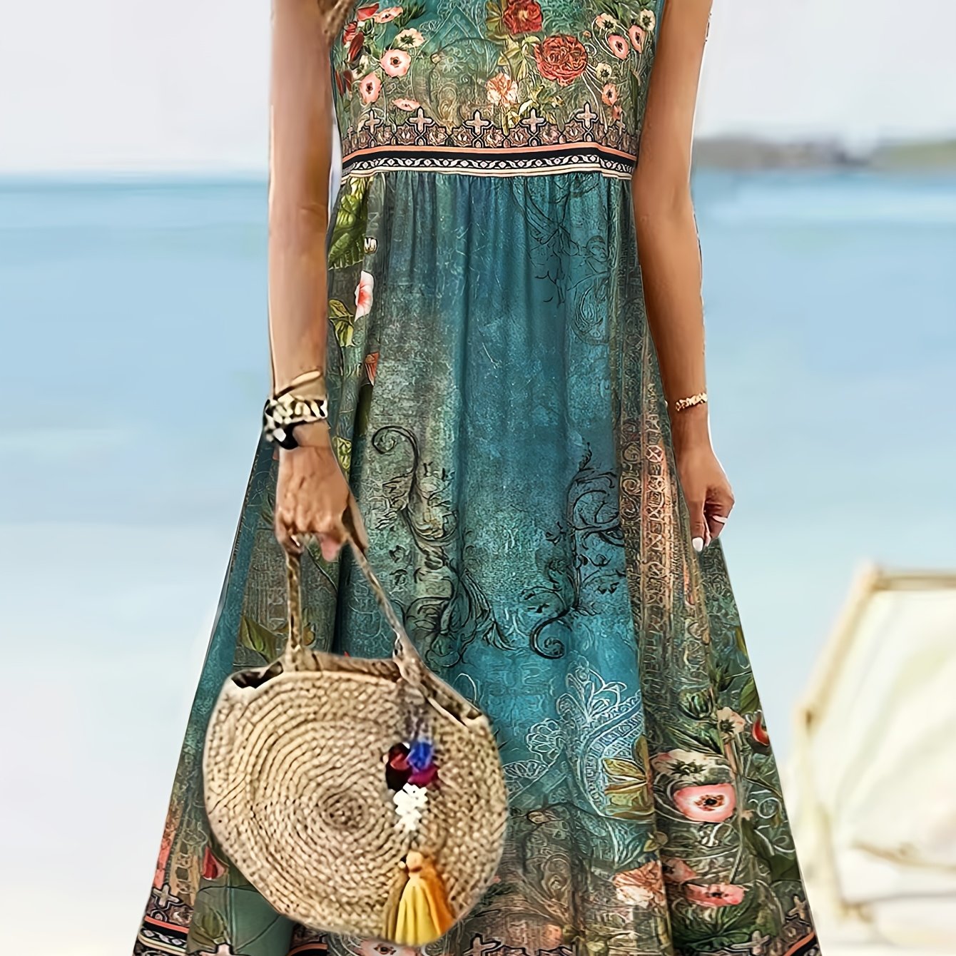  summer womens sleeveless round neck midi length lightweight dress with vintage floral and scroll print suitable for beach vacations loose and flowy versatile for daily wear womens tank dress