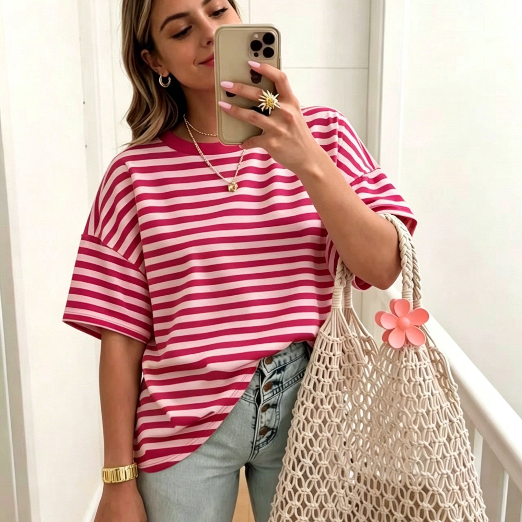 E-shop Damen Freizeit-T-Shirt in Rosa mit Streifen, Rundhalsausschnitt, lockere Passform, Kurzarm, Oversized für , Urlaub, Strand-Outfit