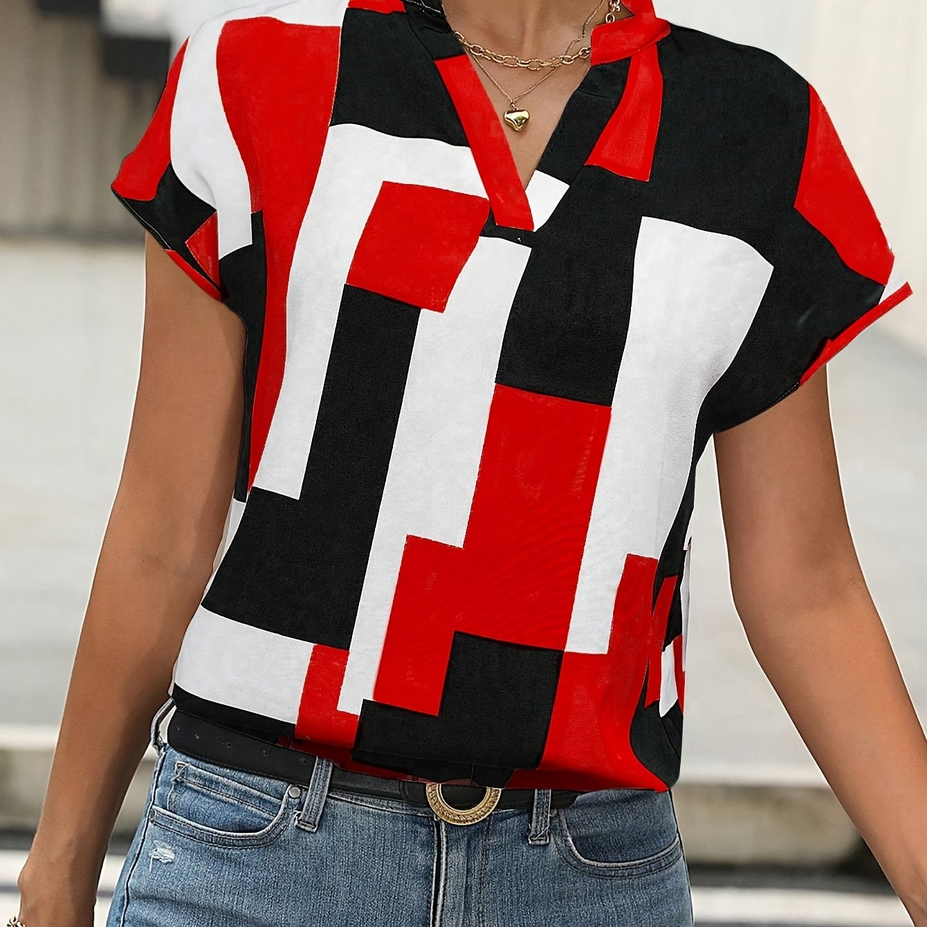 Women's Geometric Print Batwing Sleeve Short-sleeve Shirt