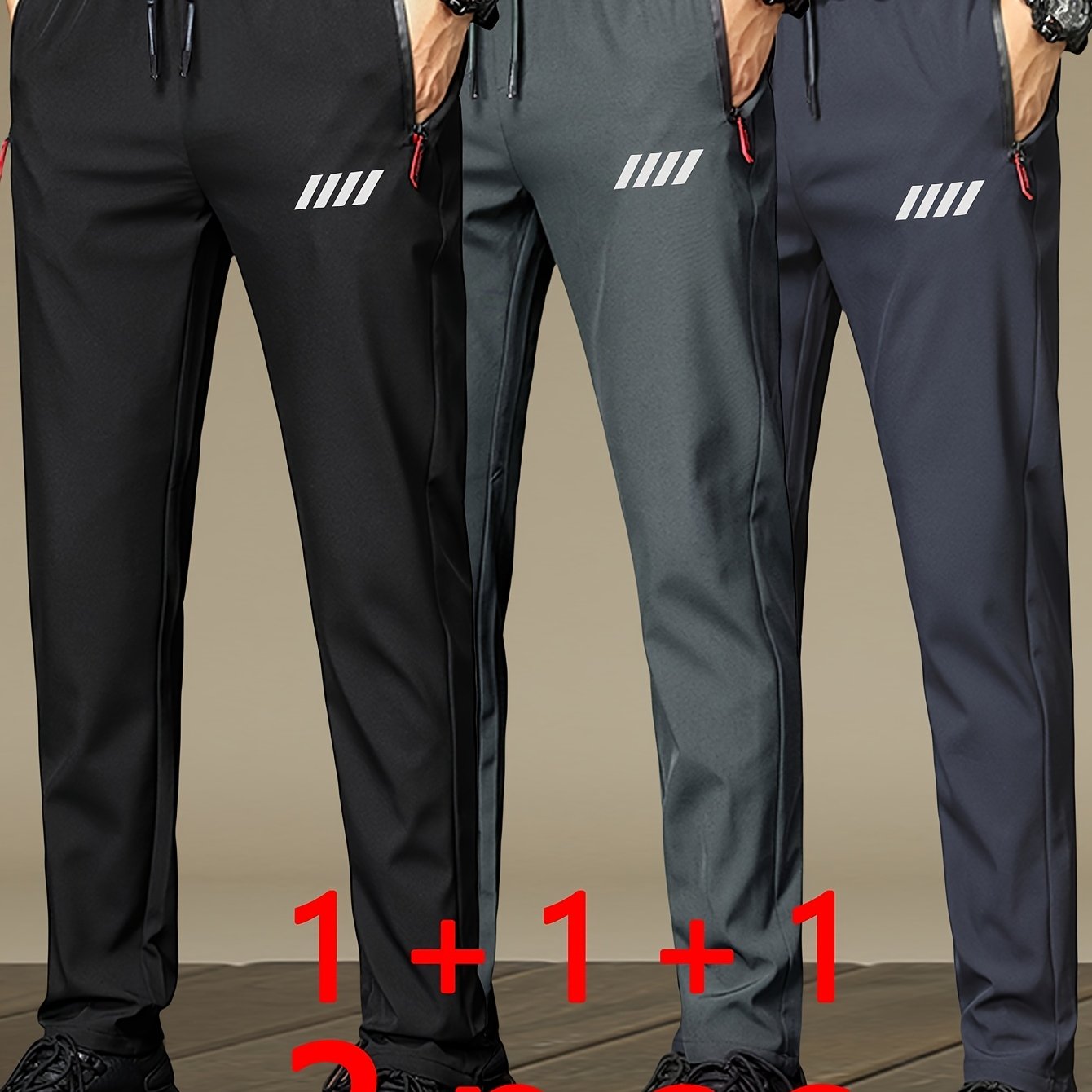 3pcs Men's Athletic Joggers With Zipper Pockets, Stylish Printed Design, Breathable Lightweight Fabric For Summer Sports And Casual Wear, Perfect Gift Idea, Modern Athletic Pants, Practical