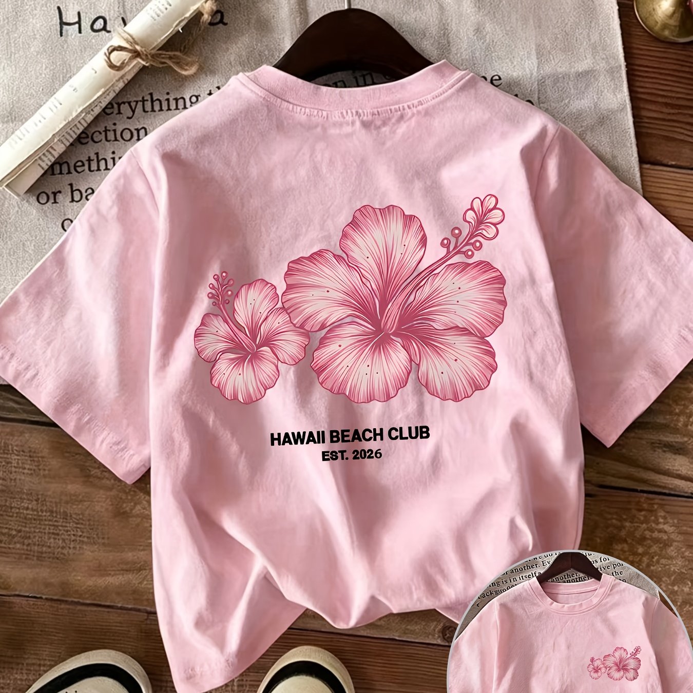TEMU Double-sided Print, /summer Women's Top, Hawaiian Style, Pink Floral, Beach Club, 2026 Printed Round Neck Short Sleeve Loose-'s Top