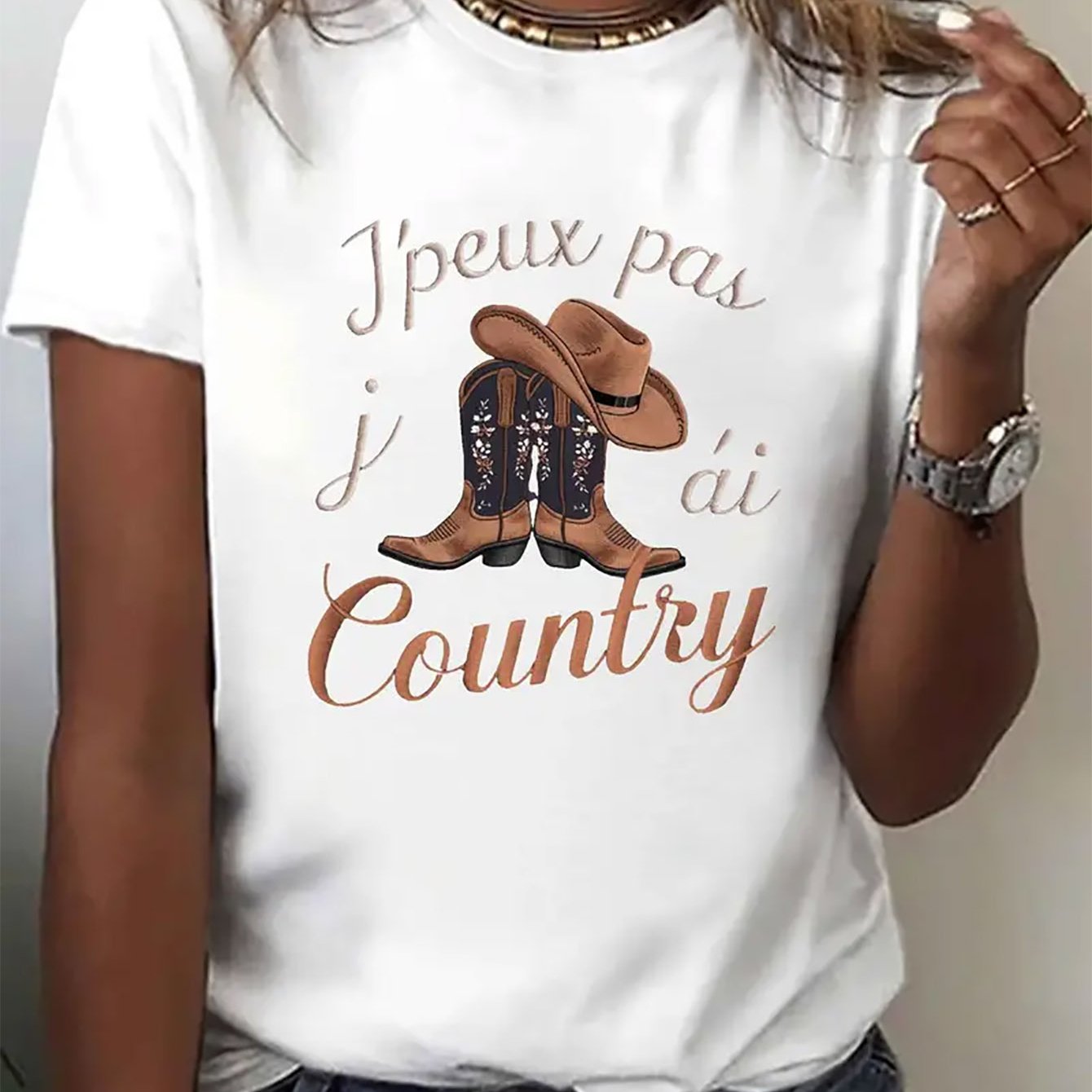 TEMU 1 T-shirt à manches courtes pour femme, imprimé "Je ne pas, ", style country, motif bottes de cowboy, style country et design personnalisé,