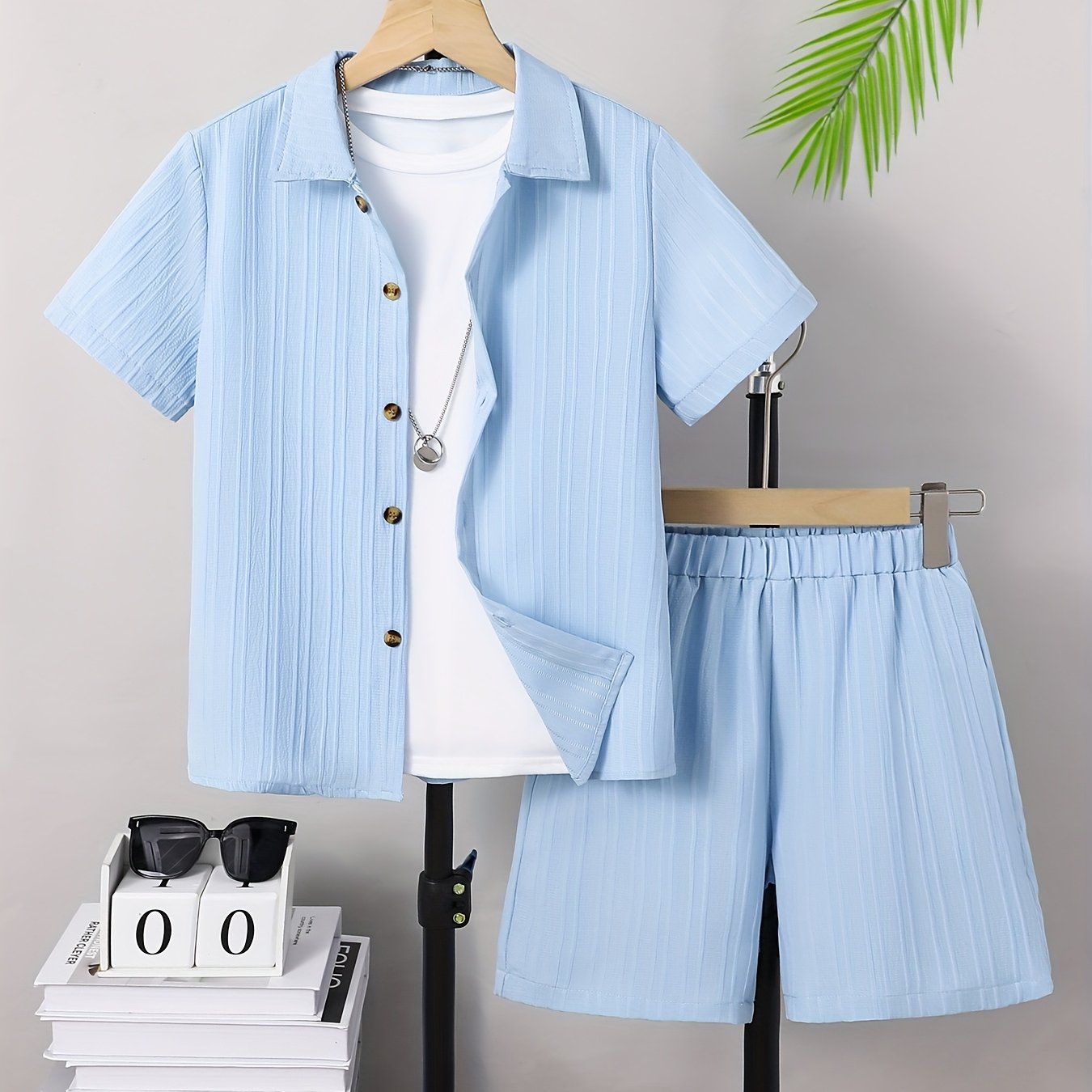 Image of Big Boy's Clothing Boys' Set, 2-piece Short Sleeve Button-up Shirt + Elastic Waist Shorts Casual Set, , Casual Wear, Back-to-, Graduation Season, Fashionable Casual Outfit, Perfect For Outdoor