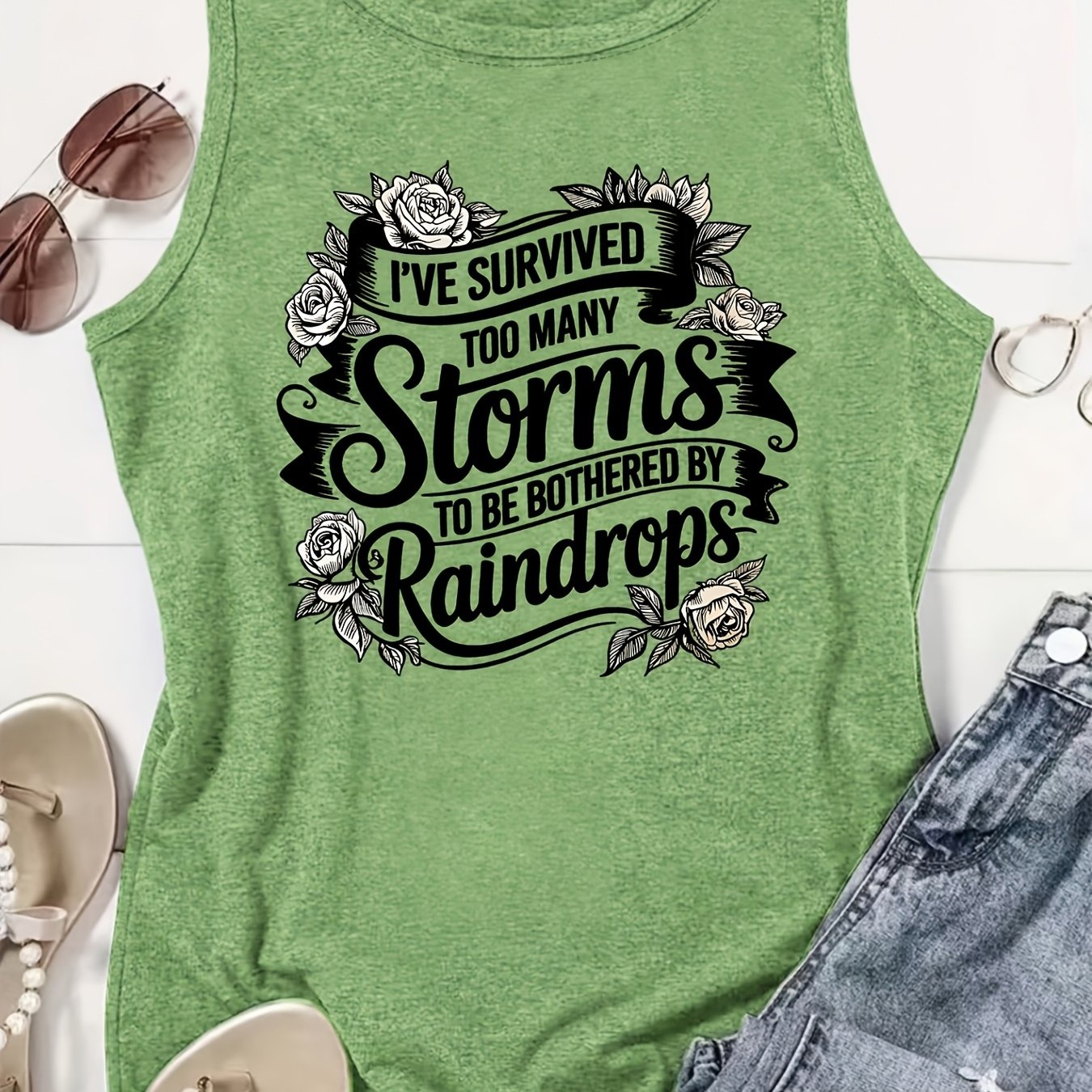 TEMU Plus Size, Women's Plus-size Sleeveless Tank Top, I Have Experienced Too Many , 't Be Bothered By Of Rain. Pattern Print- New Casual Round-neck