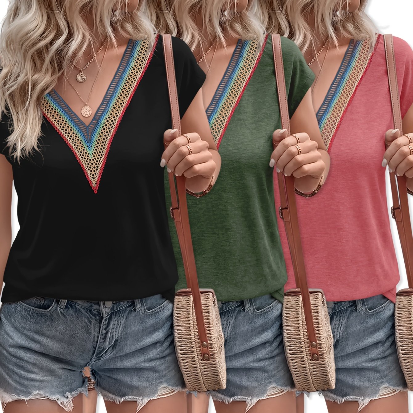 TEMU 3pcs Set - New Summer Casual Fashion Colorful V-neck Spliced Covered Sleeve Short Sleeve T-shirt 3pcs Set