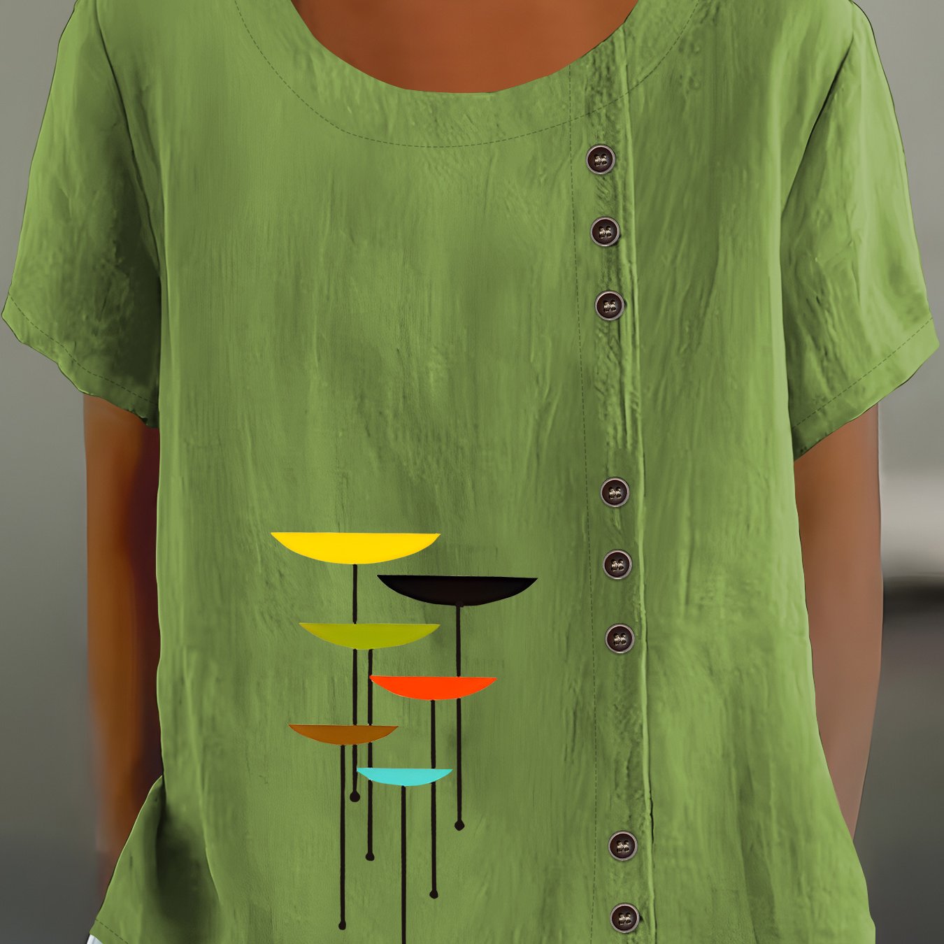 TEMU Women's Bohemian Button-up Short-sleeve Shirt - Loose-fit Round Neck Style Top With Print, Breathable Suitable For Daily Commuting & Vacations,