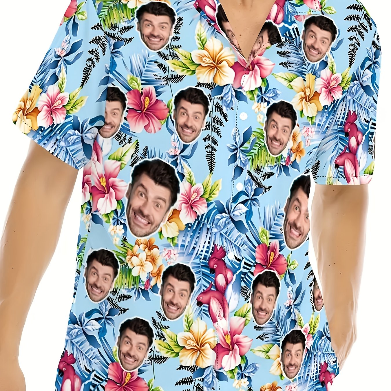 TEMU Men's Hawaiian Print Short Sleeve Lapel Shirt - Custom Photo/text Personalization, Button-front Single-breasted Casual Beach Shirt, Leaf & ,
