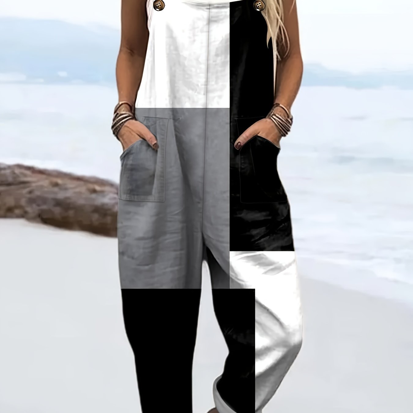 TEMU Black And White Checkered Pocket Adjustable Back Overalls-d97