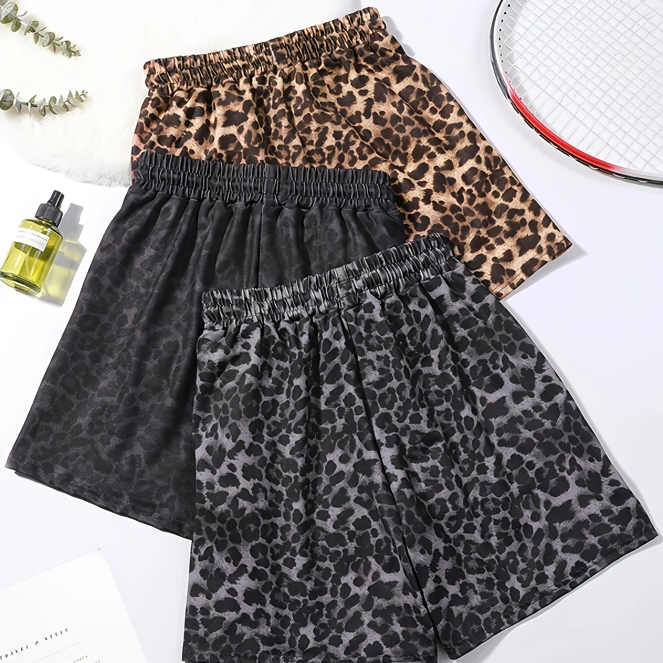 Image of 3pcs Leopard Print Shorts Set, Pocket Athletic Fitness Hot Pants