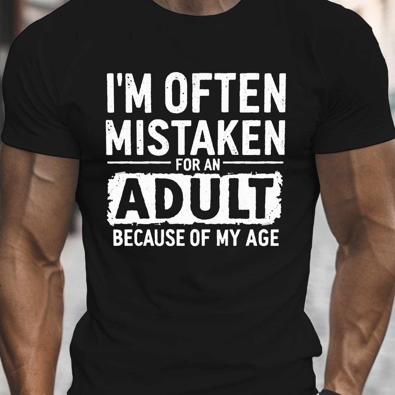 TEMU [printeddesign-not Textured] Men's Casual Crew Neck T-shirt With Humorous Saying "i'm For An Adult", Short Sleeves, Summer Collection, Geometric