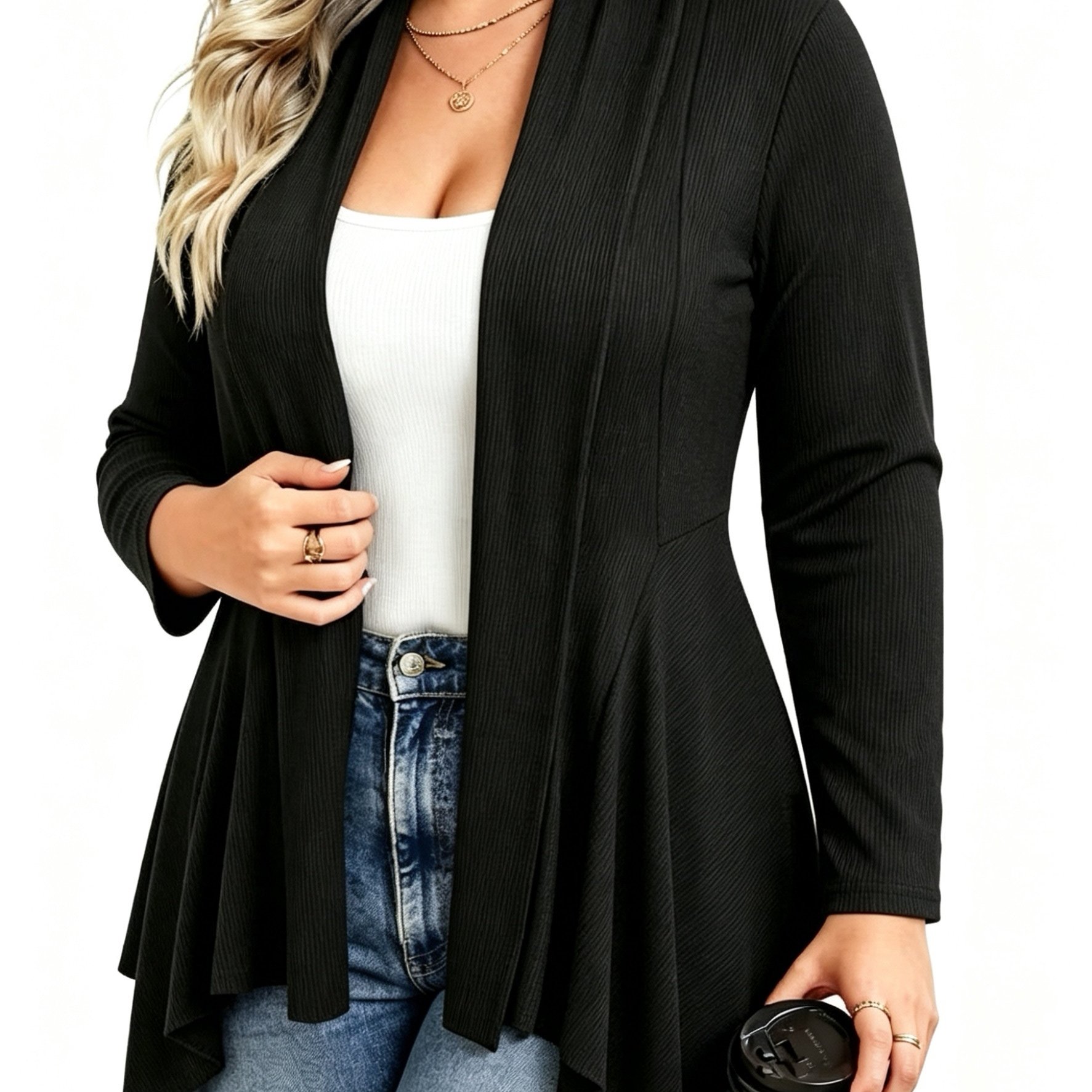 TEMU Plus Size, Women's Plus-size Open-front Cardigan, Long-sleeve Irregular Handkerchief Hem Draped Sweater, Lightweight Casual Layering Outerwear