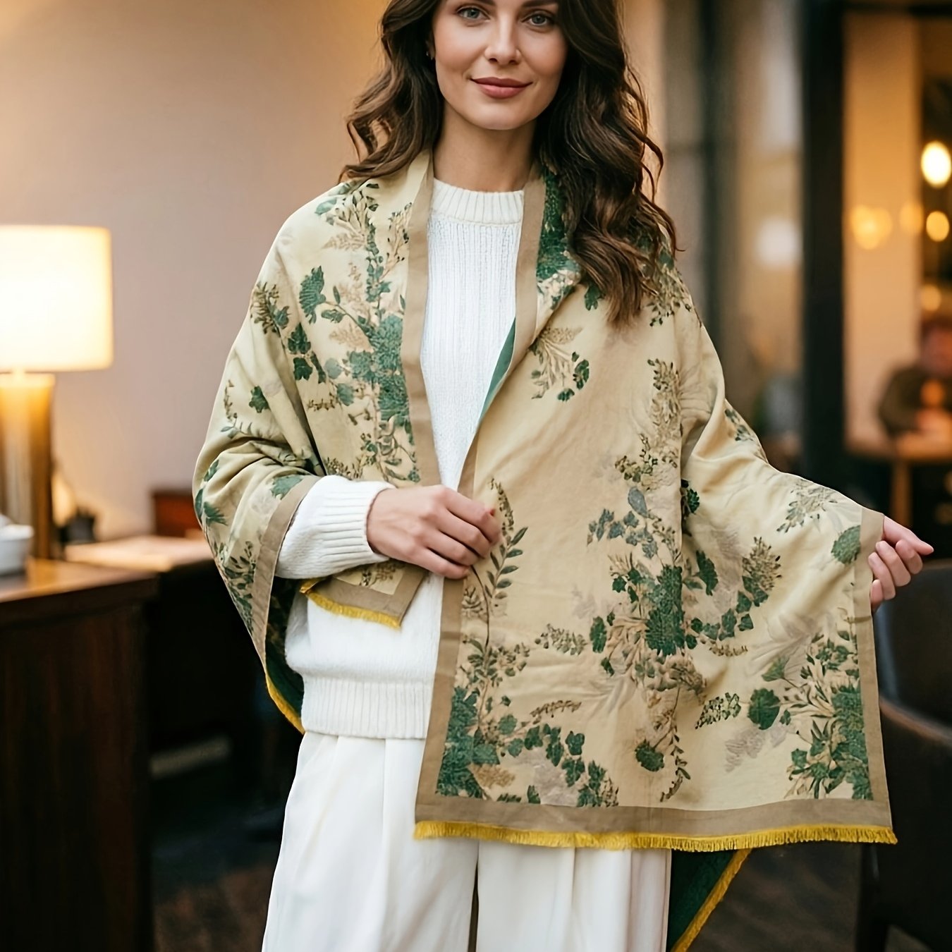 TEMU Plus Size, Autumn/winter Reversible Faux Floral Jacquard Windproof Warm Women's Color-block Overcoat/cape, Wearable On Sides With Multiple