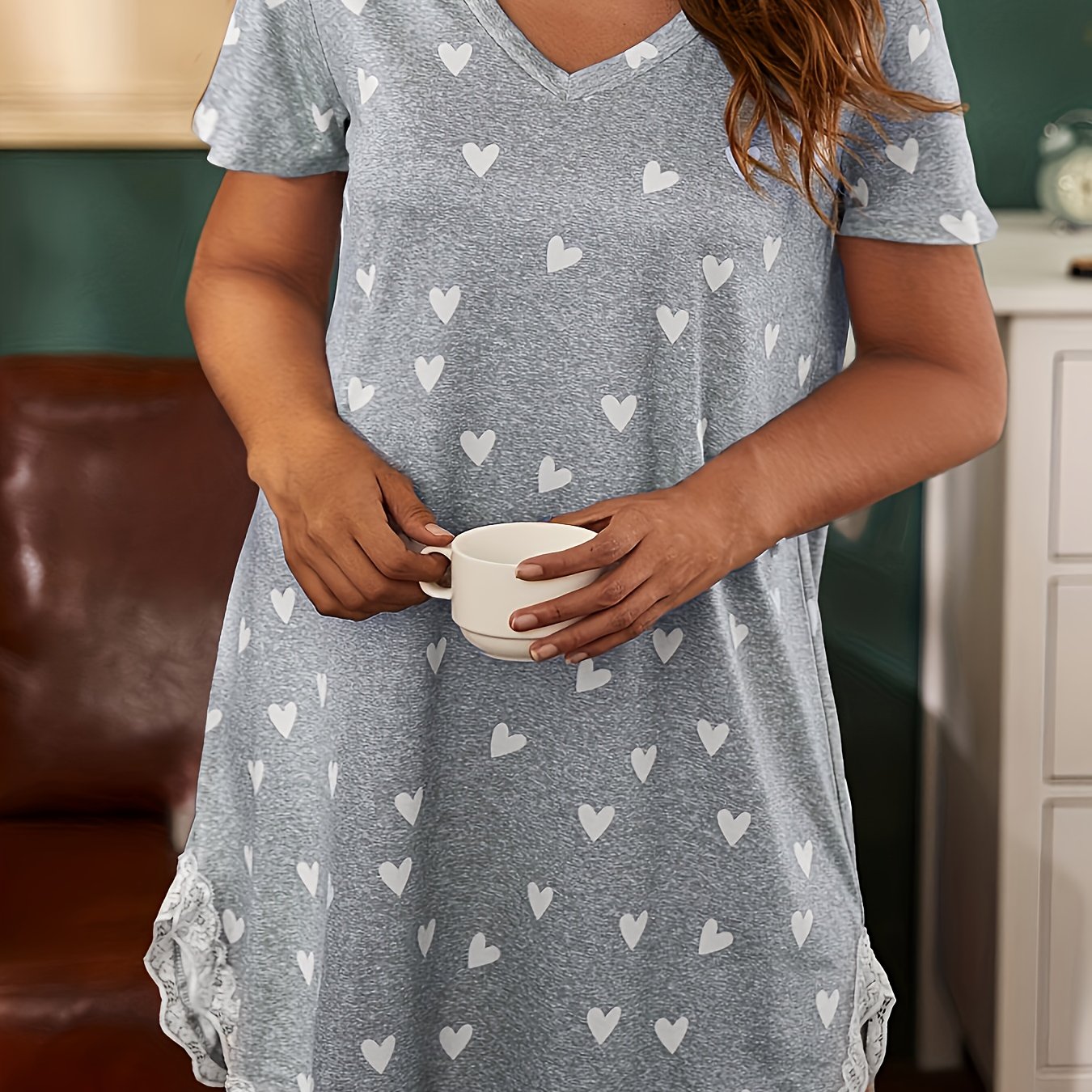 Image of Women's Casual Loose Comfortable V-neck Short Sleeve Night Dress With Heart Pattern And Contrast Lace Trim | Ideal For Spring/summer Season