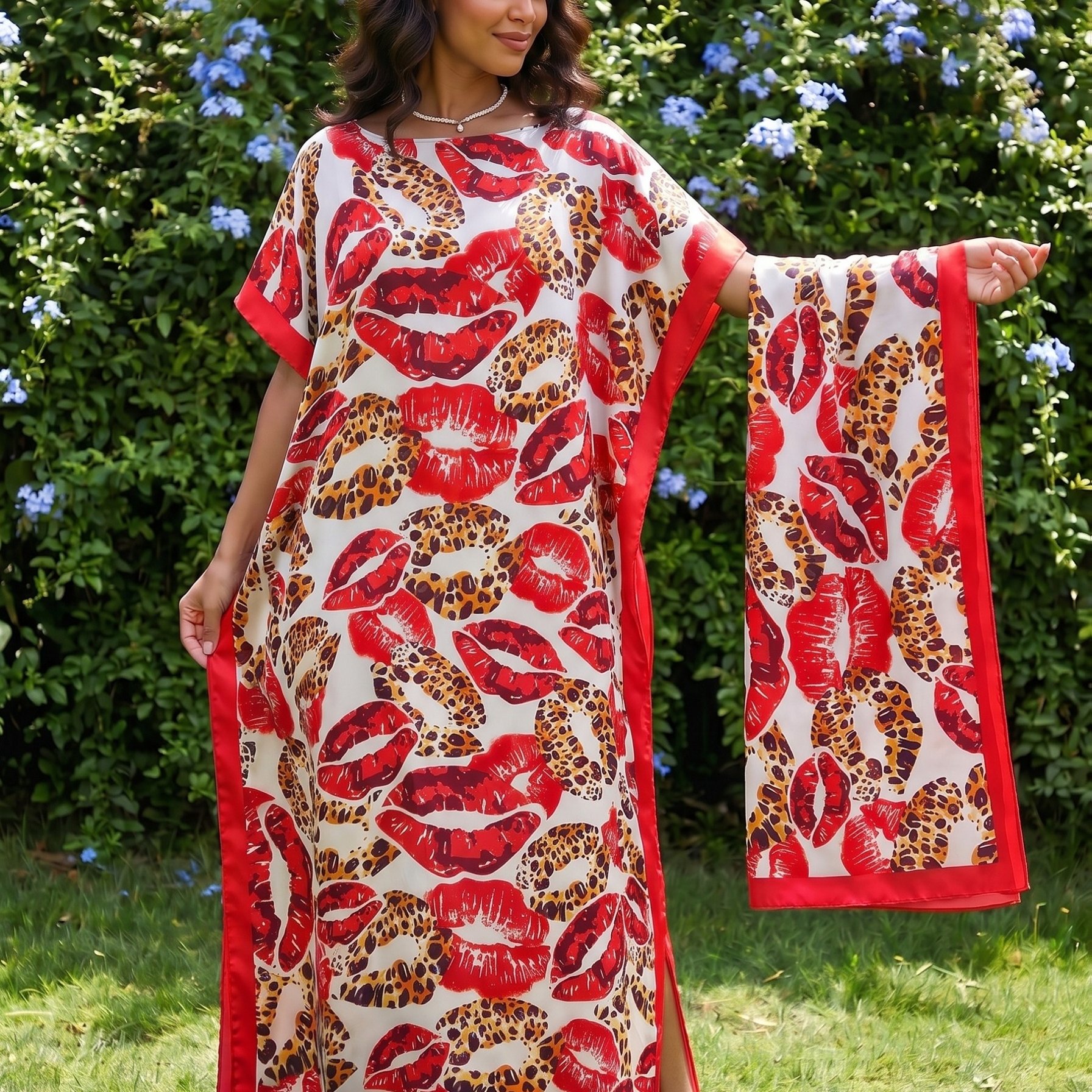 TEMU Plus Size, 1pc Bohemian Kaftan Dress With Scarf Red Lip Leopard Pattern Side Slit Relaxed Fit For Women Casual Summer Travel Beach Holiday Wear