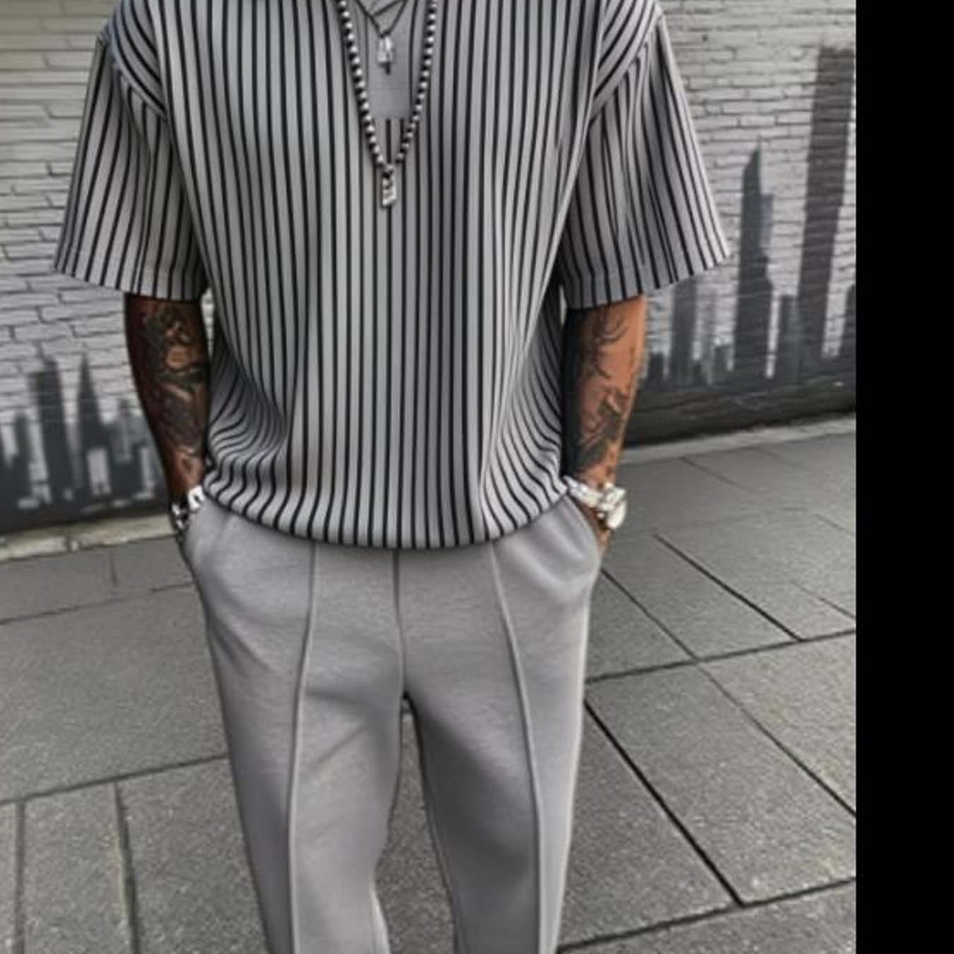 Image of Urban Fashion Minimal Stripe Pattern Men's Casual Outfit Short Sleeve Shirt And Pants 2pcs Set Men's Clothing Trendy Streetwear Weekend Outfit Birthday Gift For Husband, Plus Size