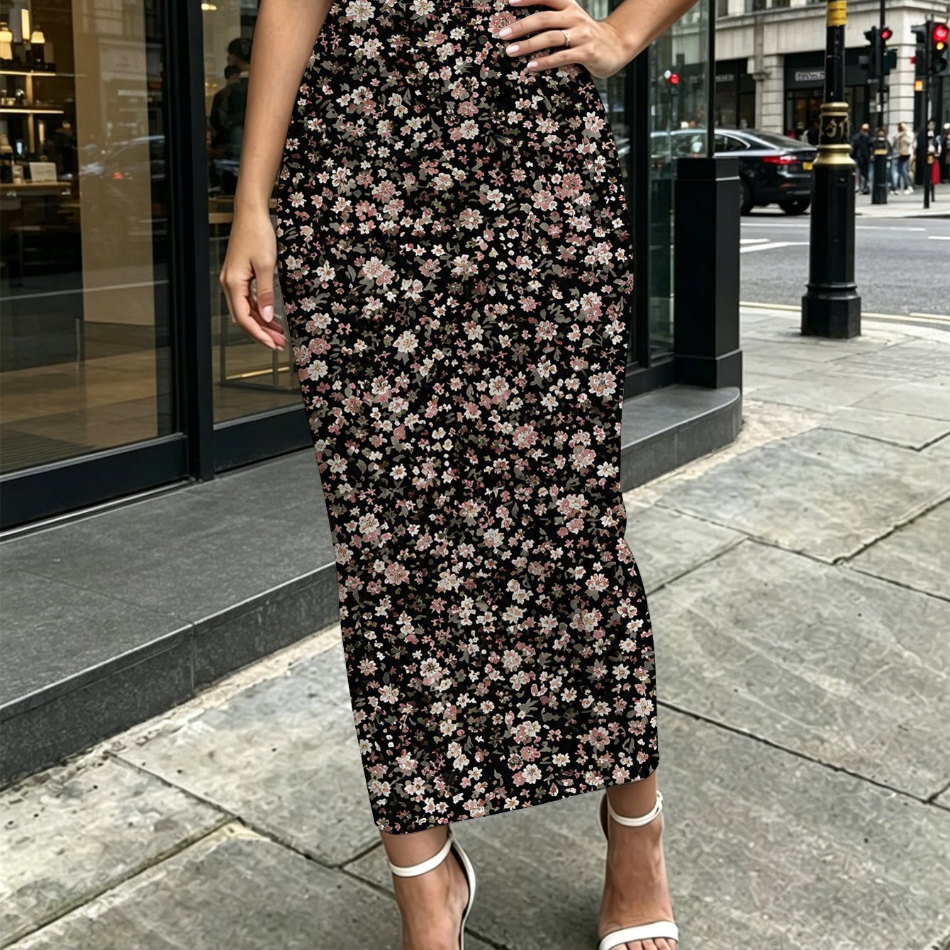 TEMU Vintage Floral Pattern Women's Printed Medium To Long Tight Fitting Hip-hugging Skirt For Living Room Travel Outdoor Party Casual Wear