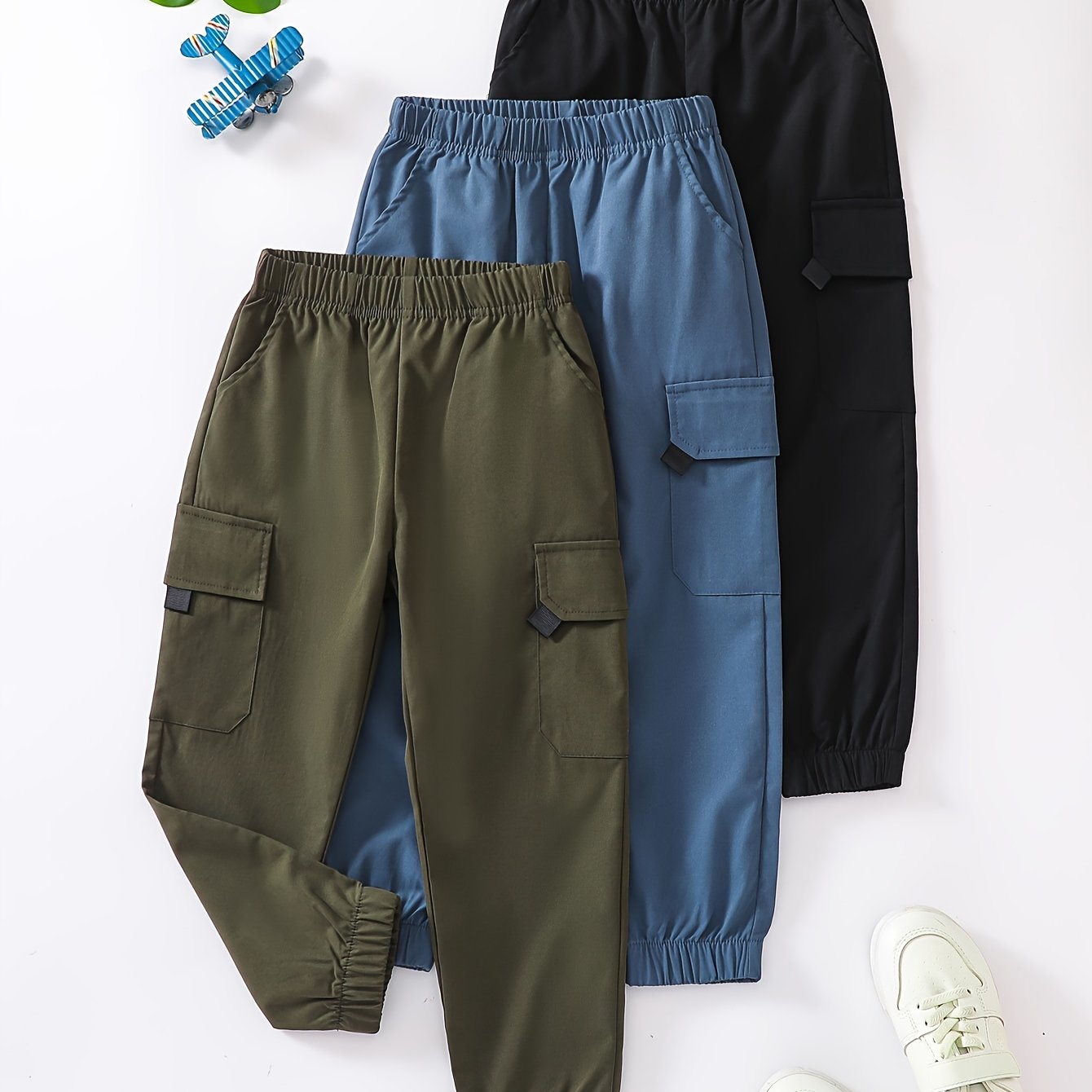 TEMU 3-pack Boys Cargo Jogger Pants, Casual - Long Trousers With Waist For /summer/autumn