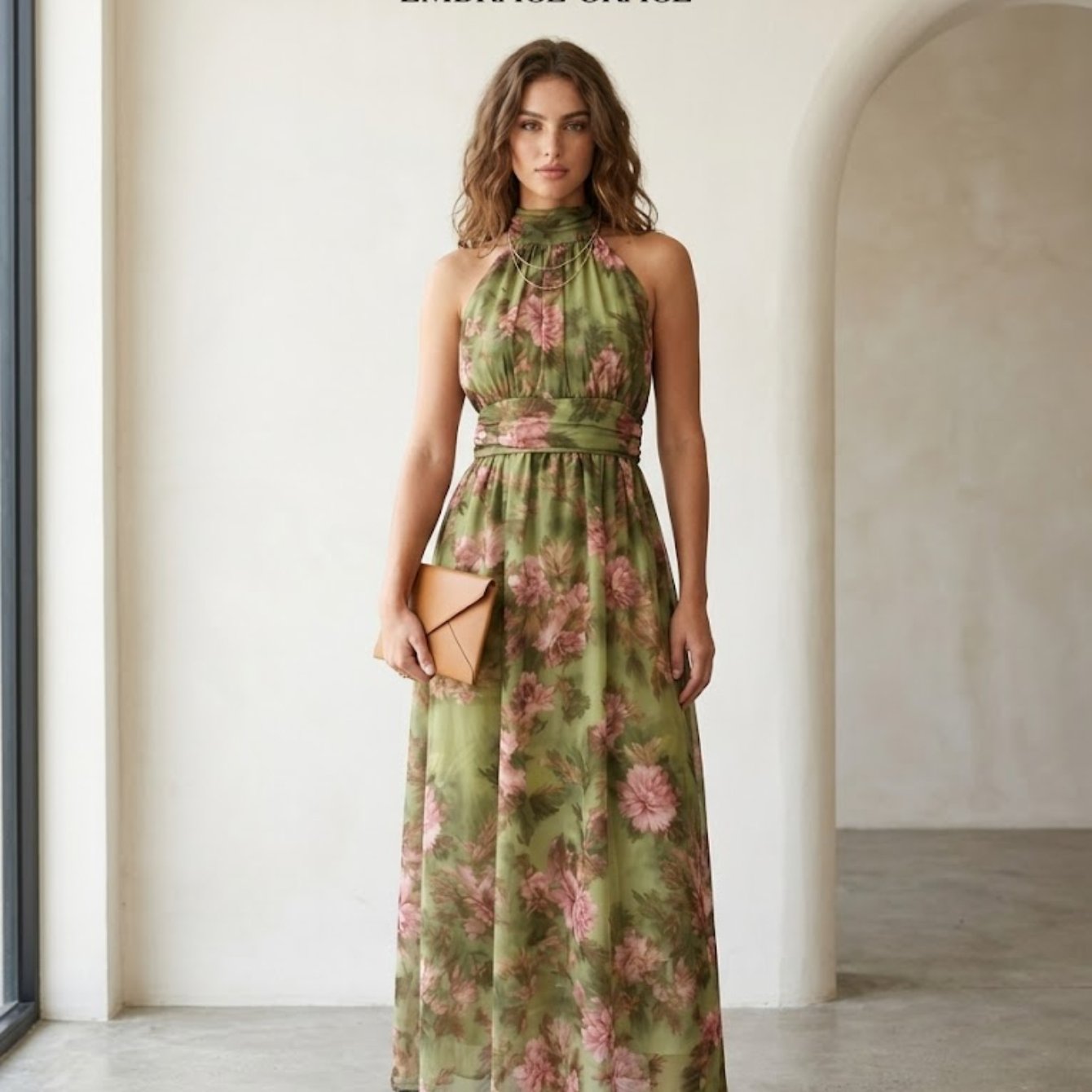 TEMU Elegant Green Floral Print Mock Neck Sleeveless Maxi Dress, Summer Women's Boho Flowy Pleated Gathered Waist Vacation Beach Swing Long Dress