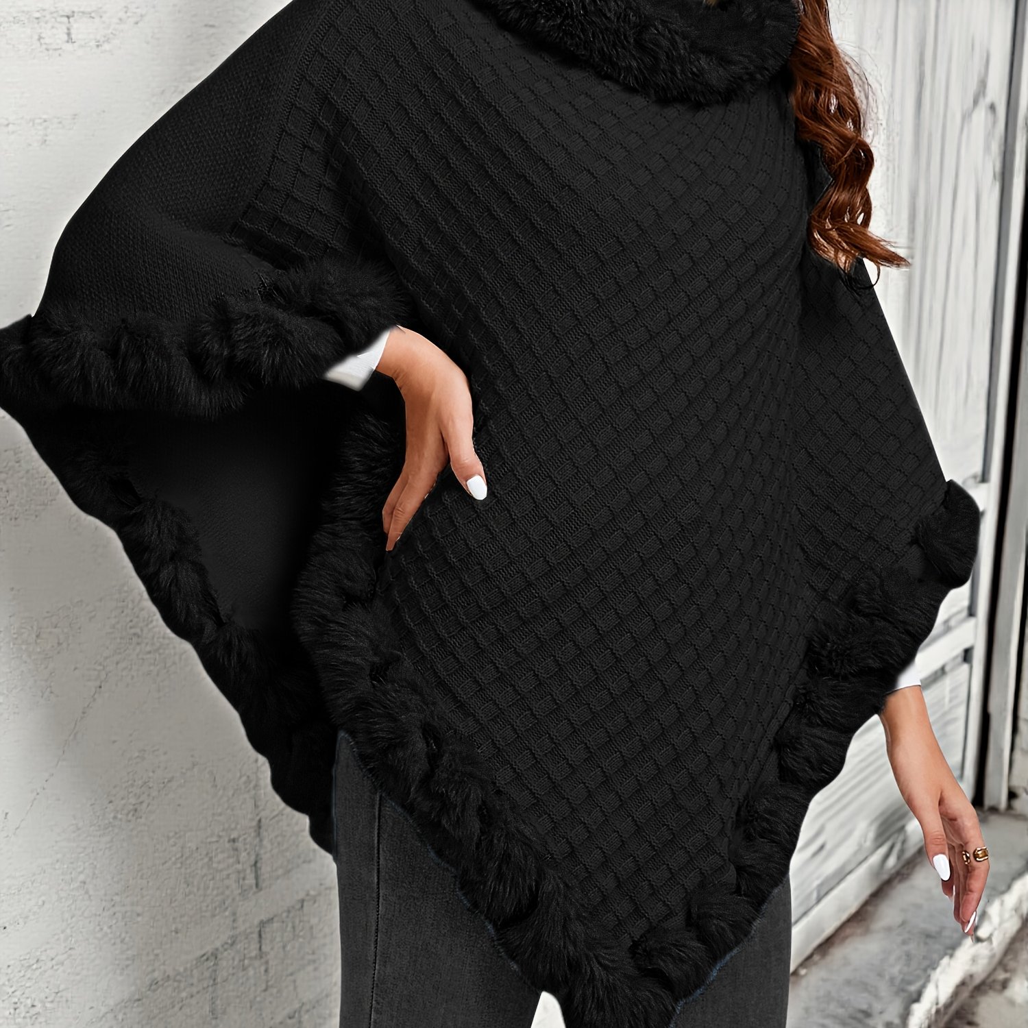 TEMU Elegant Special Edition "pure Body Bust" - 1pc Elegant Women' Color Waffle Shawl Pullover, 100% Polyester Fiber, Faux Trim Collar , Stylish And