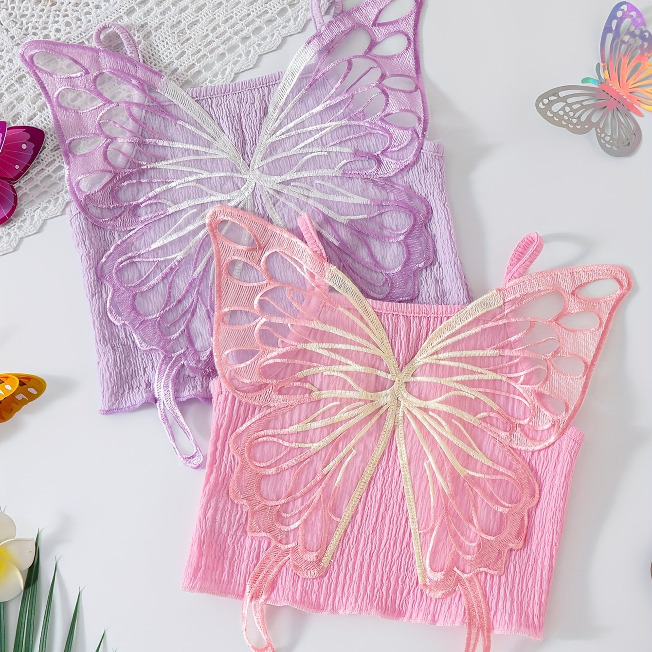 E-shop 2er Set Mädchen Cami Top Weste Sommer Schmetterling Flügel Cami T-Shirt Mädchen Strukturierte Strick Elastische Oberbekleidung Tanz Top Süßes
