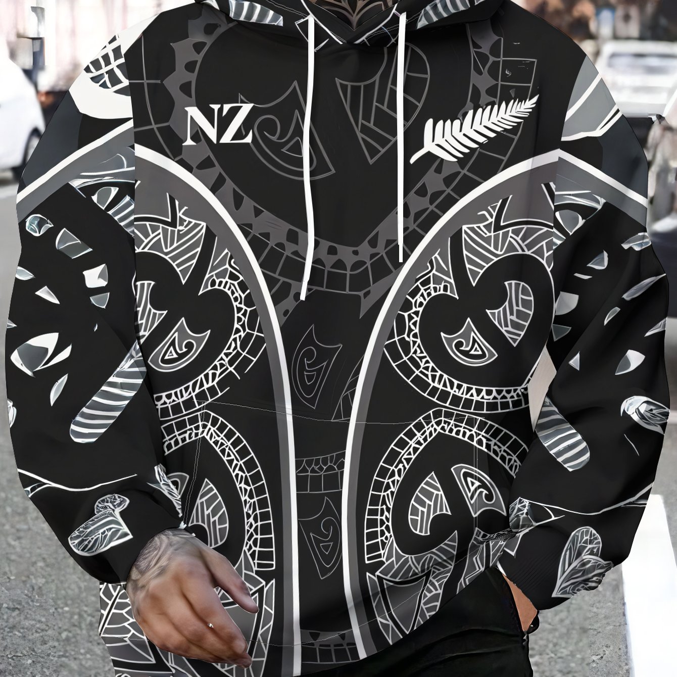 TEMU Fashion Hooded Sweatshirt, Casual Sport Hoodie With Black And White Geometric Pattern And Nz Lettering, Front Pocket - Stretch Blend, Suitable