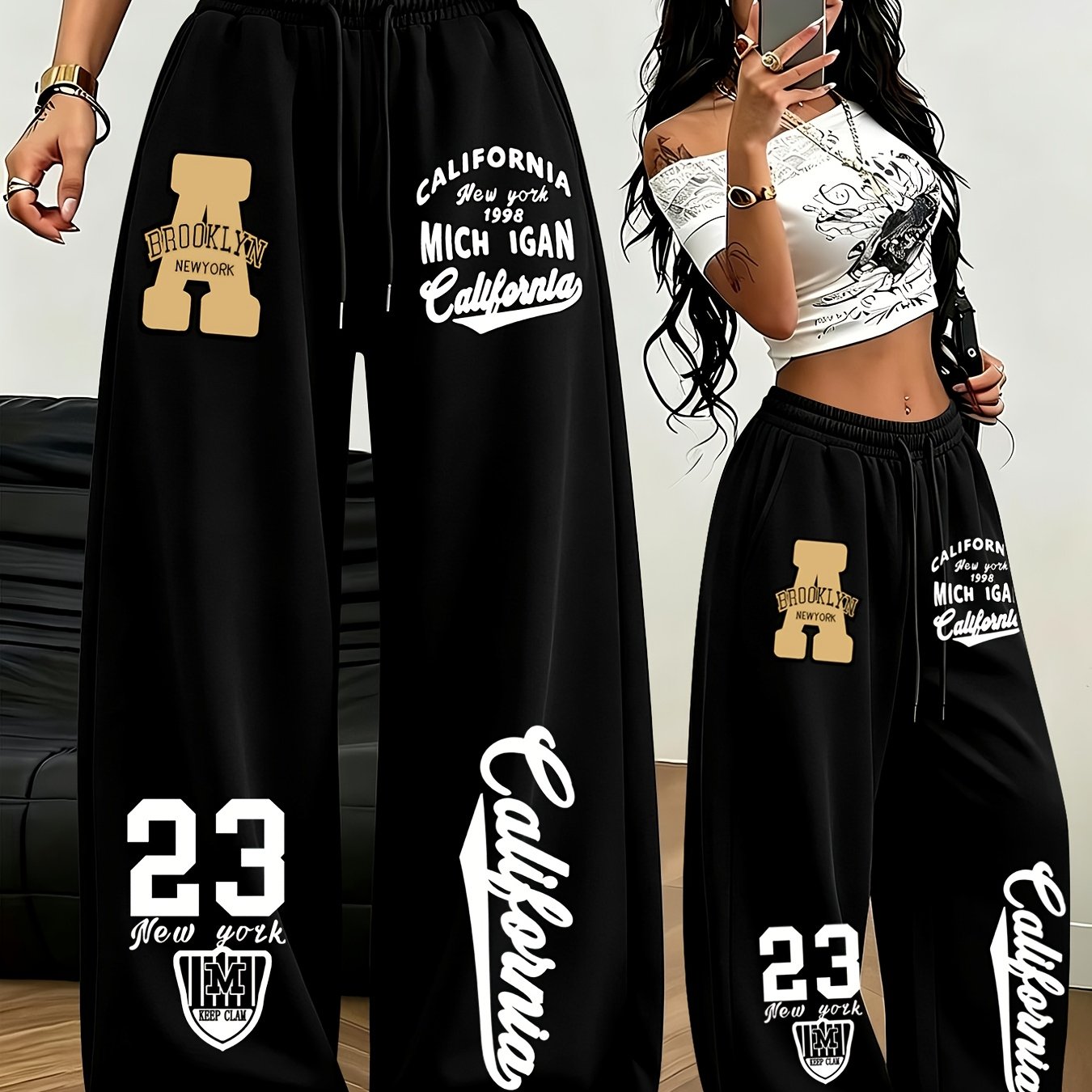 TEMU Women's Casual Wide-leg Sweatpants, Elastic High-waist Drawstring Loose Trousers, Trendy Printed Street Style Floor-length Pants, Soft And