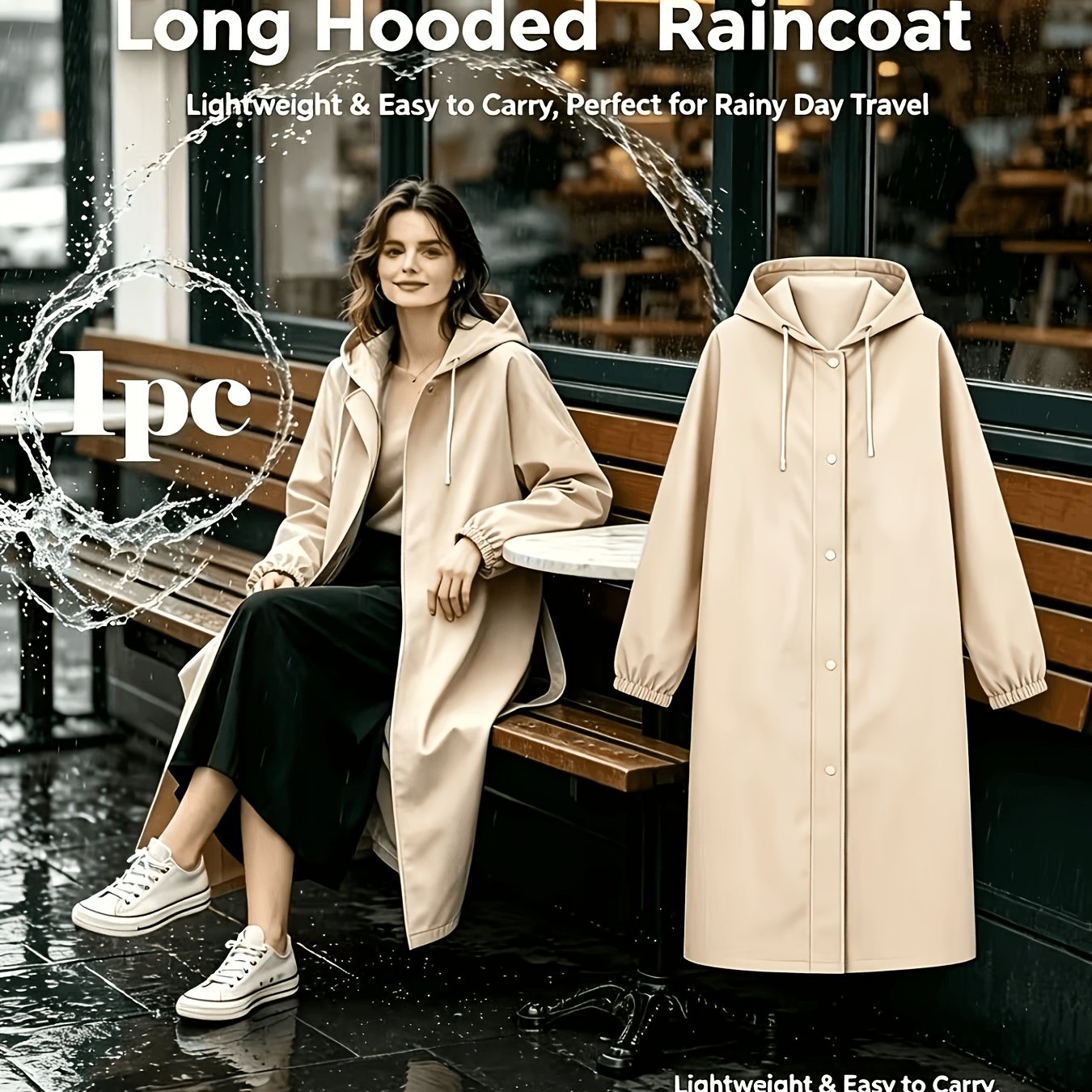 TEMU Imperméable long à capuche pour femme, vêtement de pluie léger de haute qualité, poncho élégant pour les quotidiens en extérieur