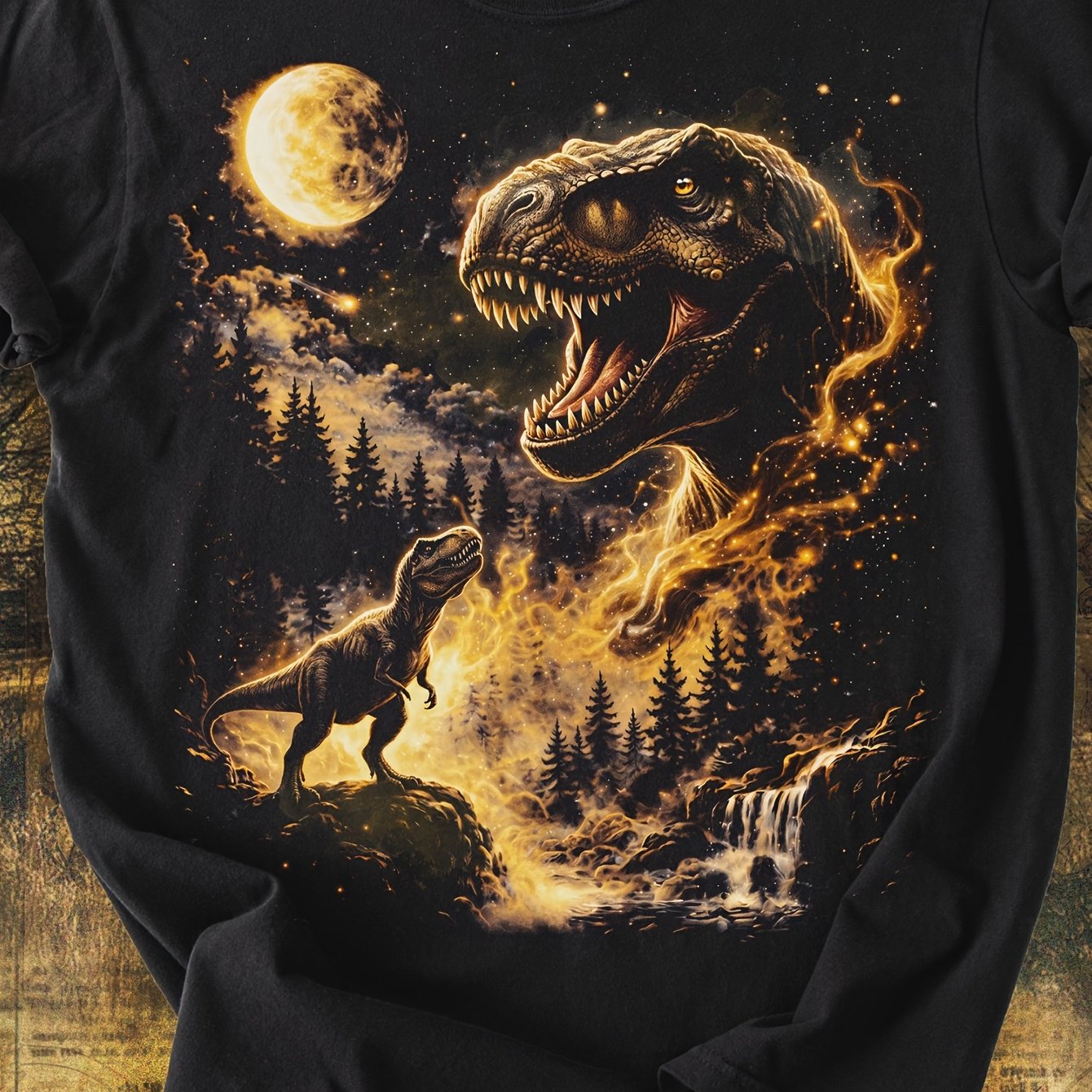 Image of T Rex At Moon Vintage Dinosaur Retro Moonlight Forest Short Sleeve T-shirt Crew Neck, Urban Graphic