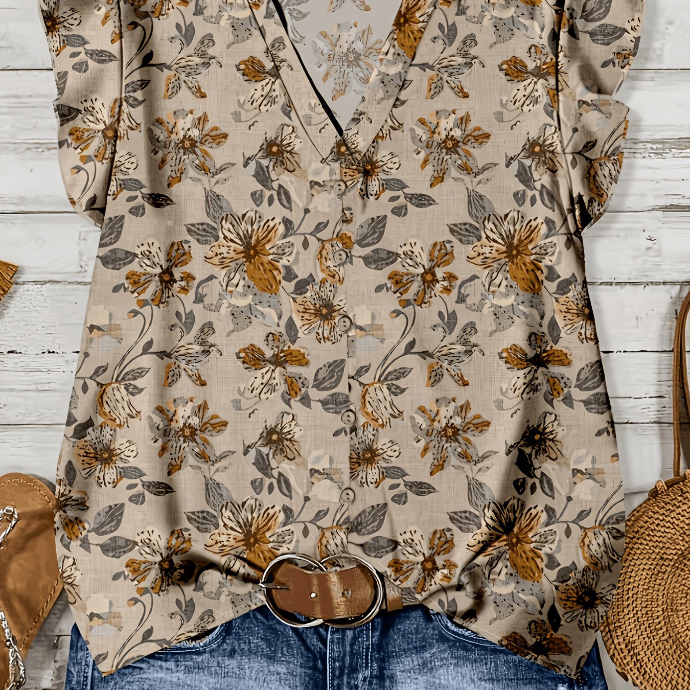 TEMU Plus Size - Plus Size - Plus Size Women's Summer Elegant Ladies Printed Blouse V-neck Short Sleeve Top