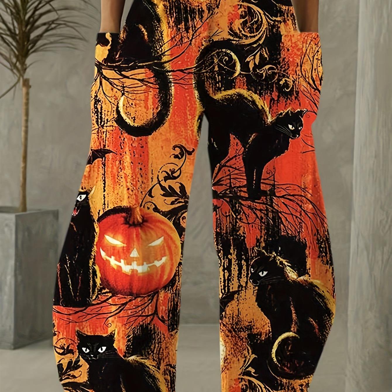 item picture ladies halloween themed leggings featuring a full   of a black cat bats and pumpkins complete with a   pocket   loose fit straight leg trousers are perfect for parties casual   and themed celebrations