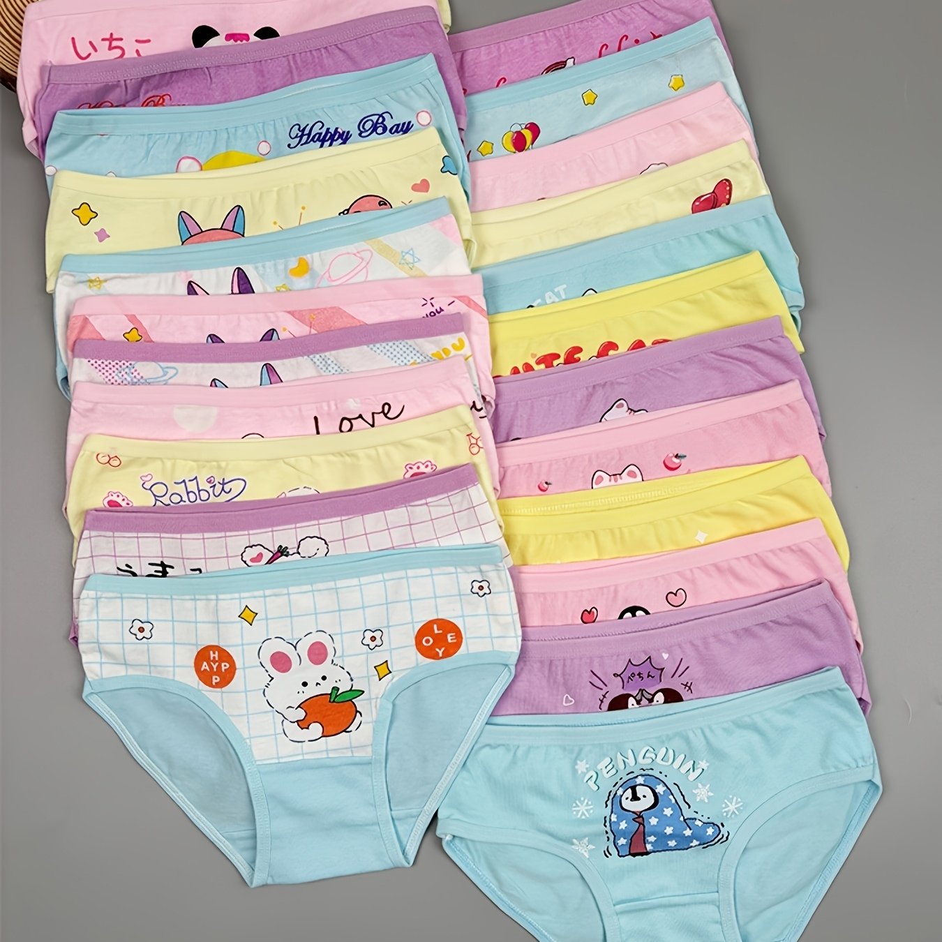 Image of 12pcs Random Assortment Girls' Soft Cartoon Animal Print Underwear - Comfortable Stretch Kids' Undergarments