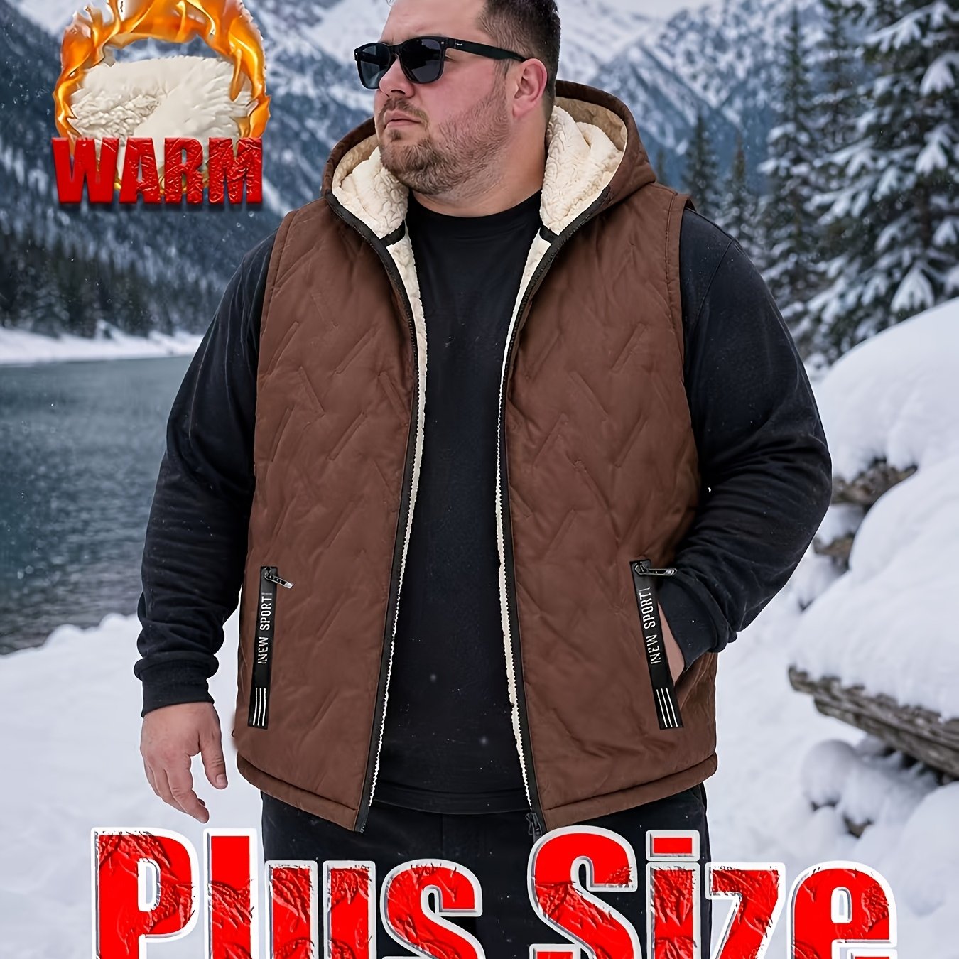 TEMU Winter Style, Men's Casual Sports Fleece Insulated Hooded Jacket, Enlarged And Extended Design, Extremely Loose Fit, Suitable For Outdoor , Work