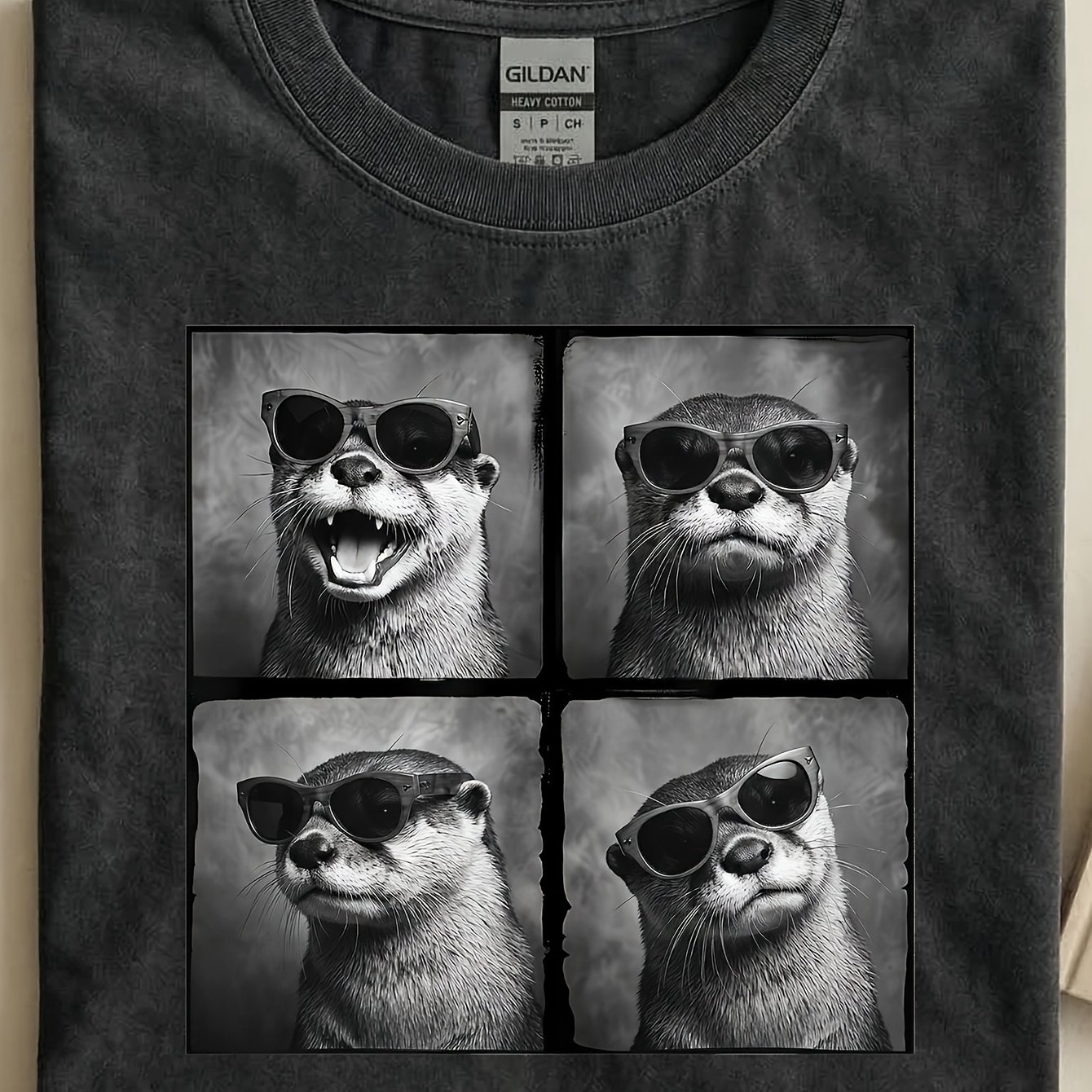 Image of Cool Otter Fashion Glasses Graphic Tee Funny Monochrome River Otter Wildlife Portrait Trendy Streetwear For Teen Boy Cotton Men Crewneck T Shirt 180g