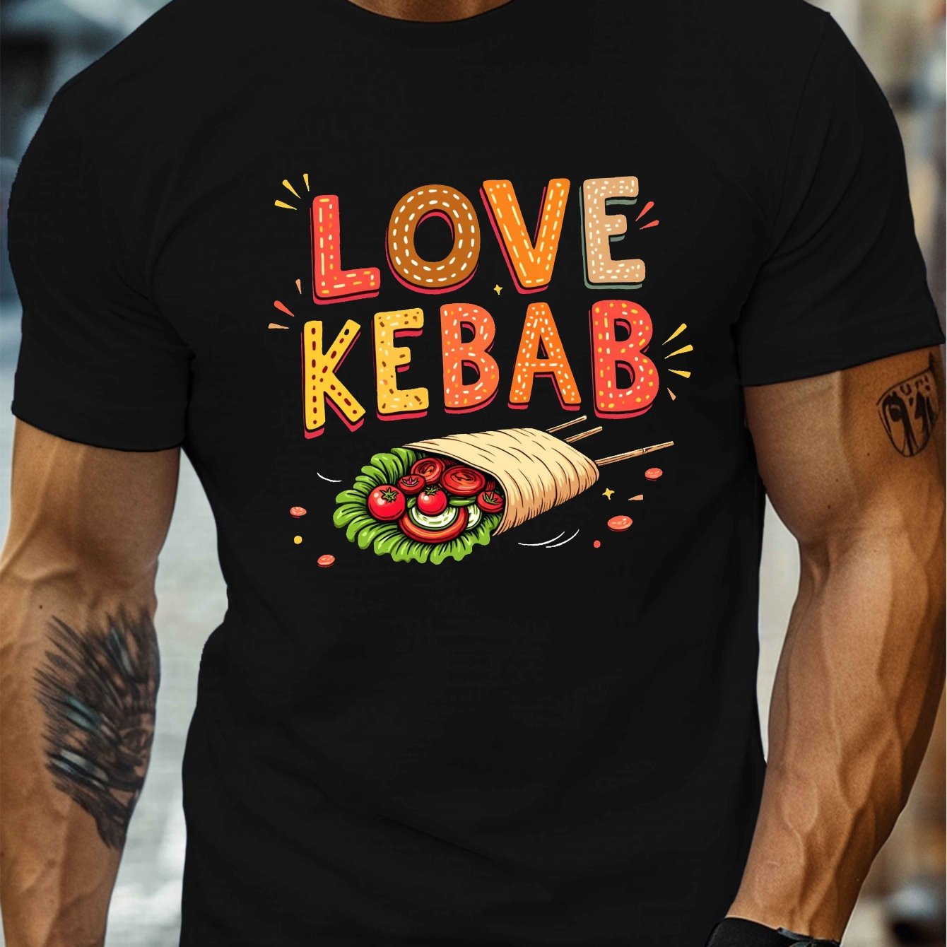 TEMU Lettuce I Love Kebab Kebabs Print, Men's Round Crew Neck Short Sleeve Tee, Casual T-shirtcasual Comfy Lightweight Top For Summer