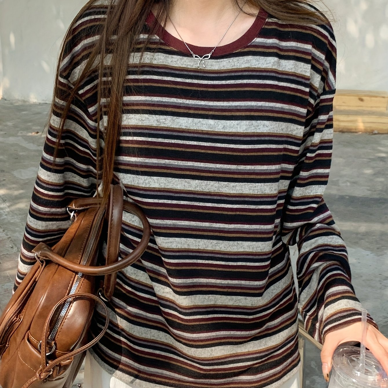 TEMU Women's Striped Crew-neck Long-sleeve T-shirt, A Versatile Style For Commuting And A Campus Look