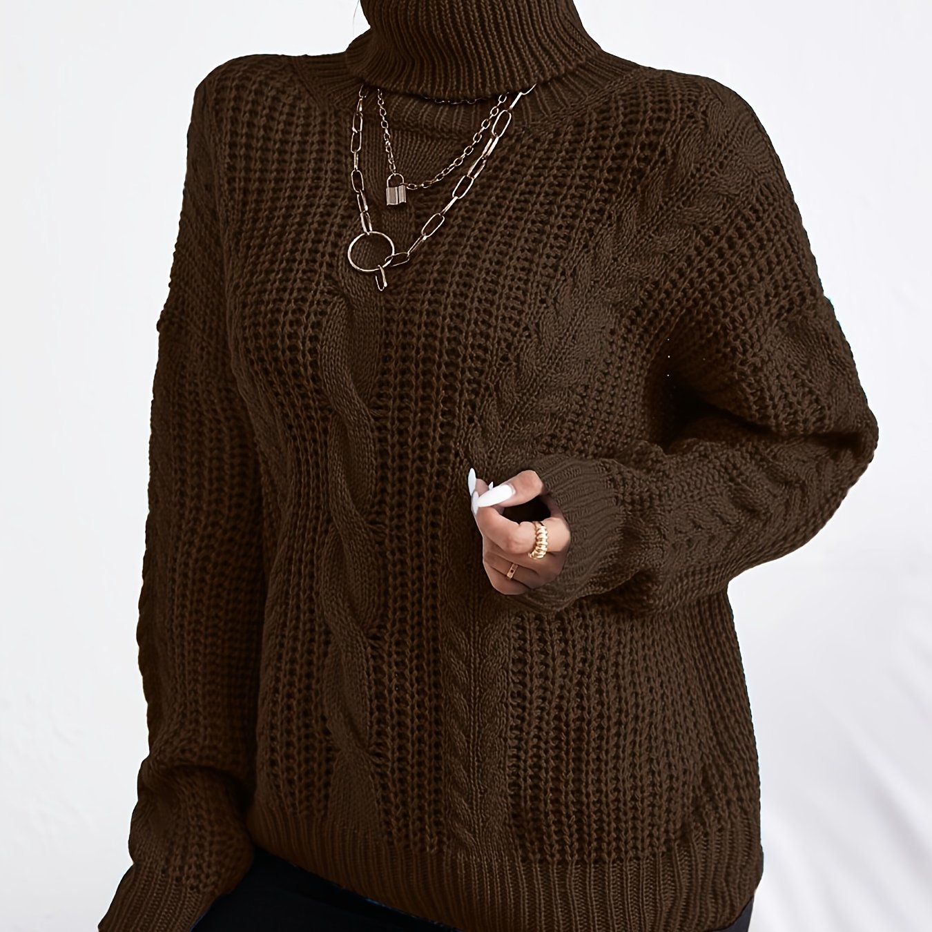 TEMU Women's Cable High-neck Long-sleeve Sweater - Niannian'