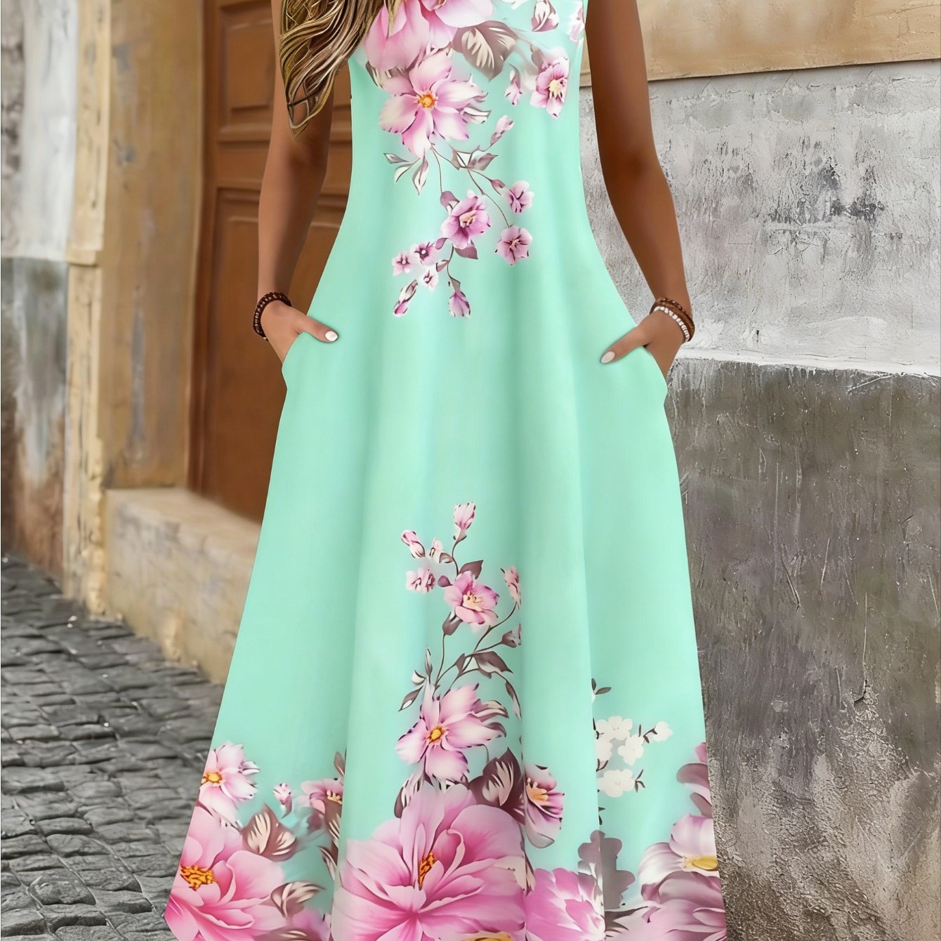 Image of Plus Size - Plus Size - Plus Size Summer Women's Fashion Floral Print Sleeveless Vest Dress Crew Neck Pocket Casual Dress Plus Size Dress Women's Clothing