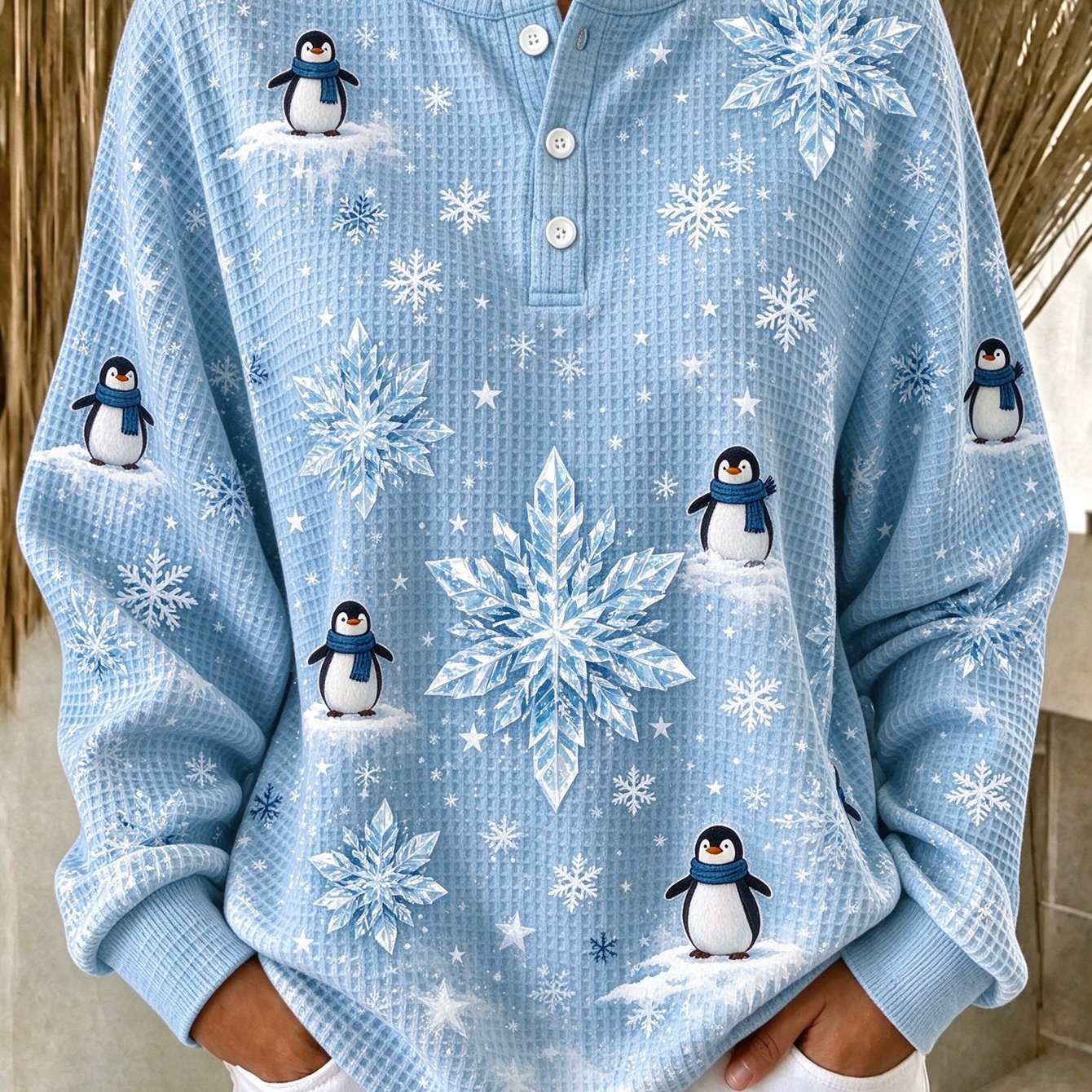 TEMU Plus Size - Plus Size Women's Penguin Snowflake Christmas Print Waffle Weave Henley Sweatshirt Casual Thermal Autumn Winter Printed Holiday